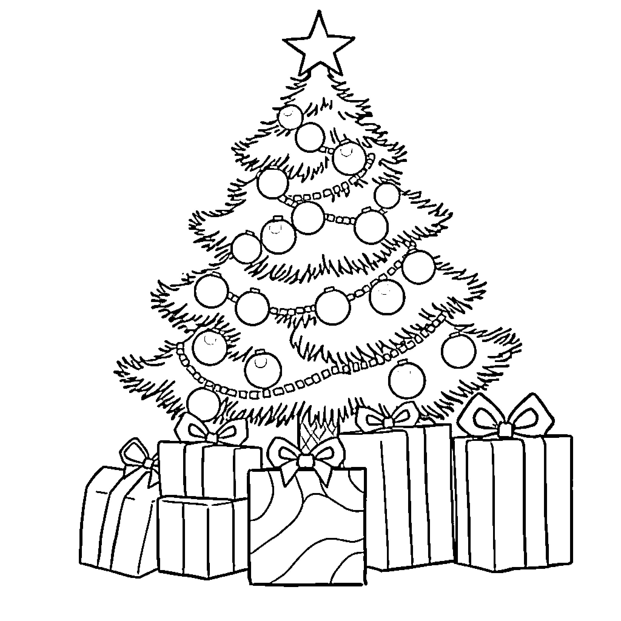 Christmas Tree with Decorated Ornaments and Presents Coloring Page (free black-and-white line drawing printable PDF for all, from beginners to advanced learners, including children, teens, adults, and seniors)