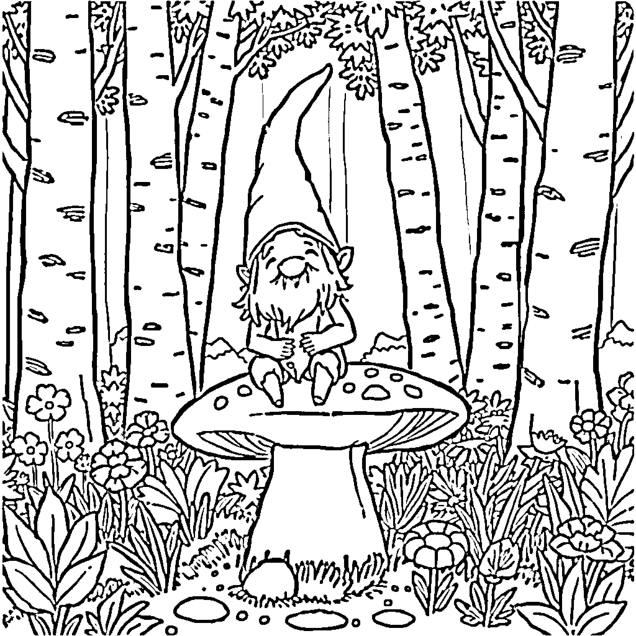 Gnome sitting peacefully on a mushroom in the forest Coloring Page (free black-and-white line drawing printable PDF for all, from beginners to advanced learners, including children, teens, adults, and seniors)