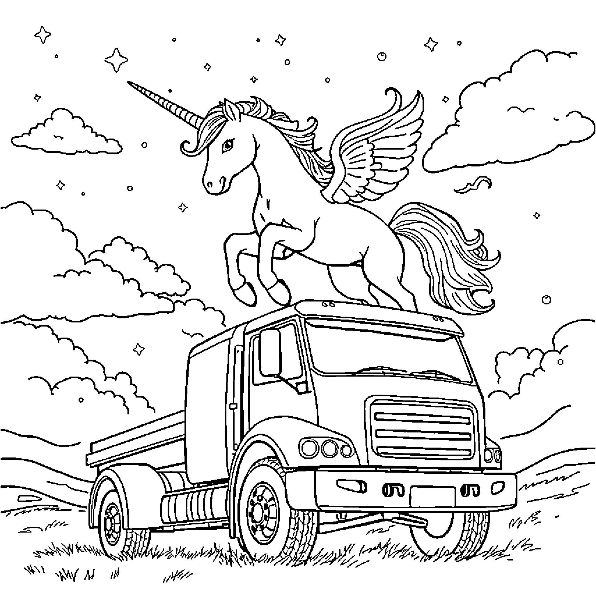 Unicorn soaring over enchanted landscape in truck Coloring Page (free black-and-white line drawing printable PDF for all, from beginners to advanced learners, including children, teens, adults, and seniors)