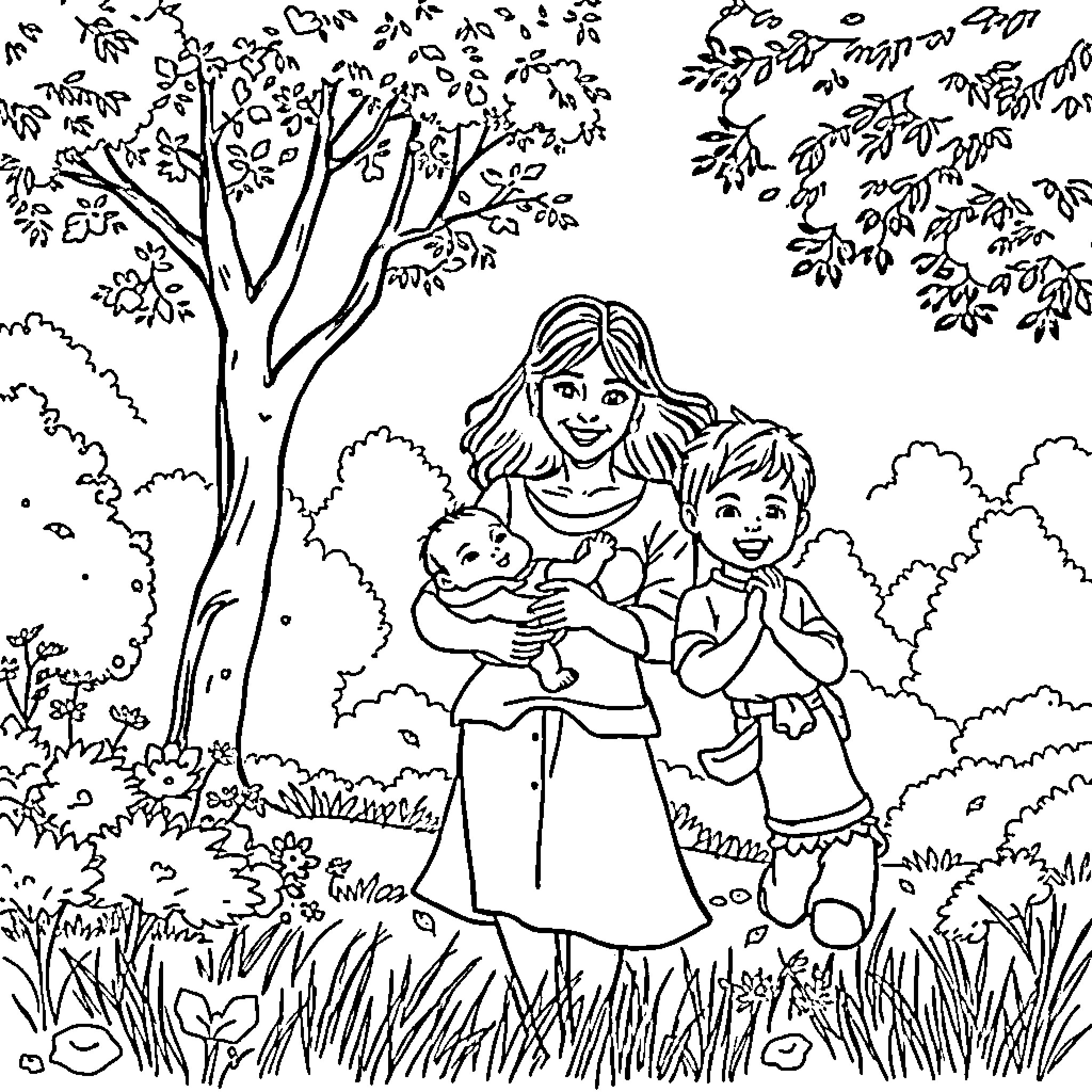 Family enjoying a day outdoors Coloring Page (free black-and-white line drawing printable PDF for all, from beginners to advanced learners, including children, teens, adults, and seniors)