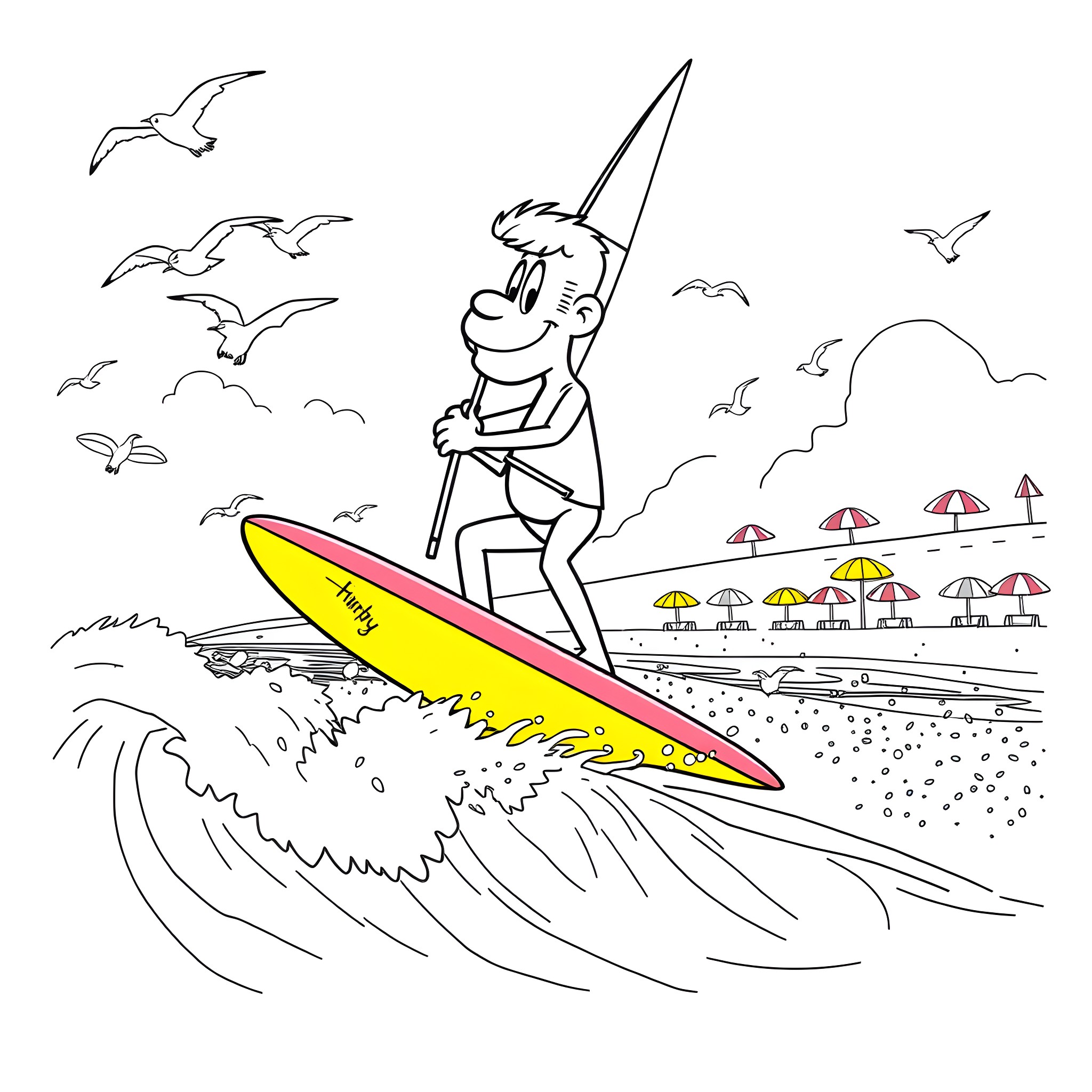 Grimace Surfs Energetic Waves on Sunny Beach Coloring Page (free black-and-white line drawing printable PDF for all, from beginners to advanced learners, including children, teens, adults, and seniors)