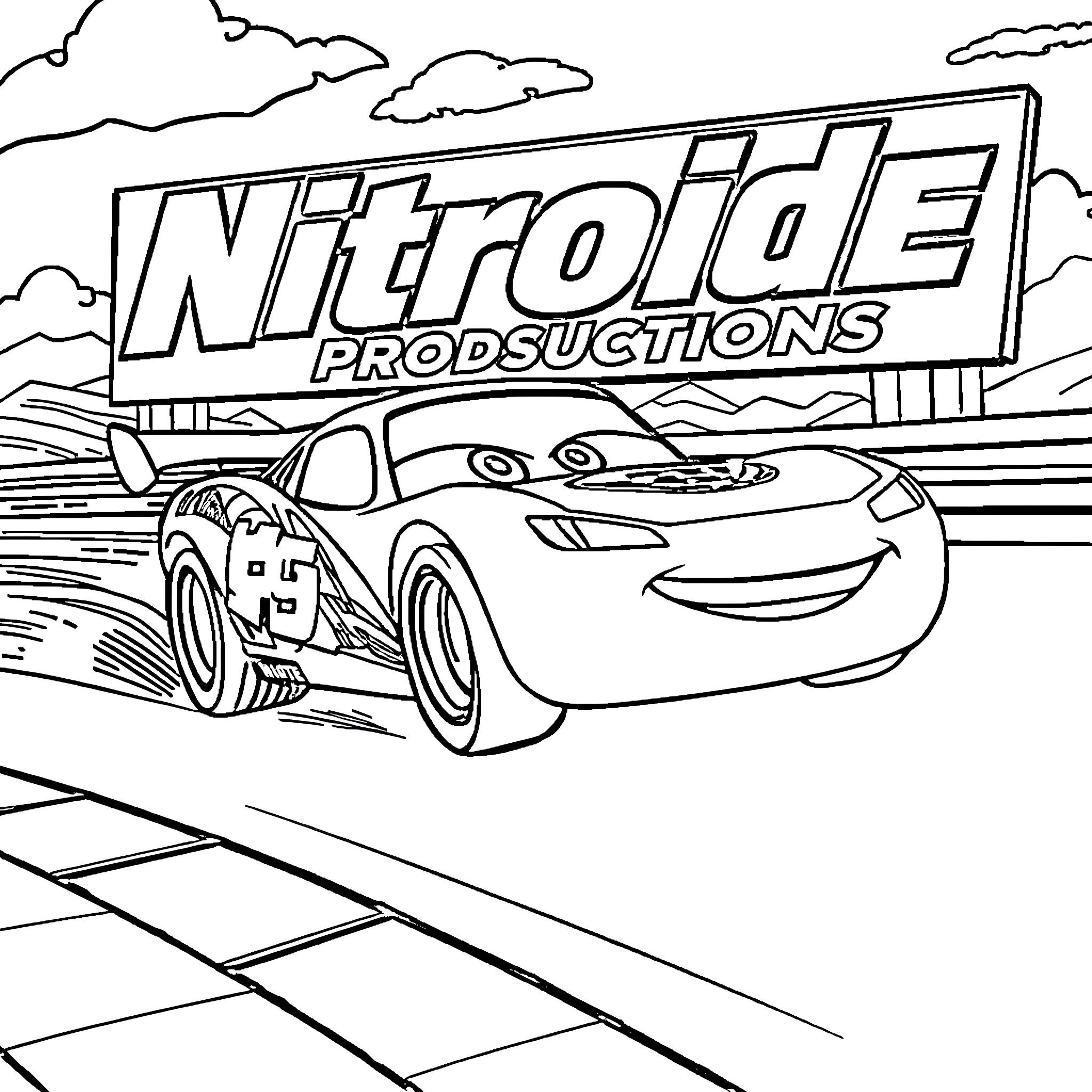 McQueen racing through Nitroide Productions Coloring Page (free black-and-white line drawing printable PDF for all, from beginners to advanced learners, including children, teens, adults, and seniors)