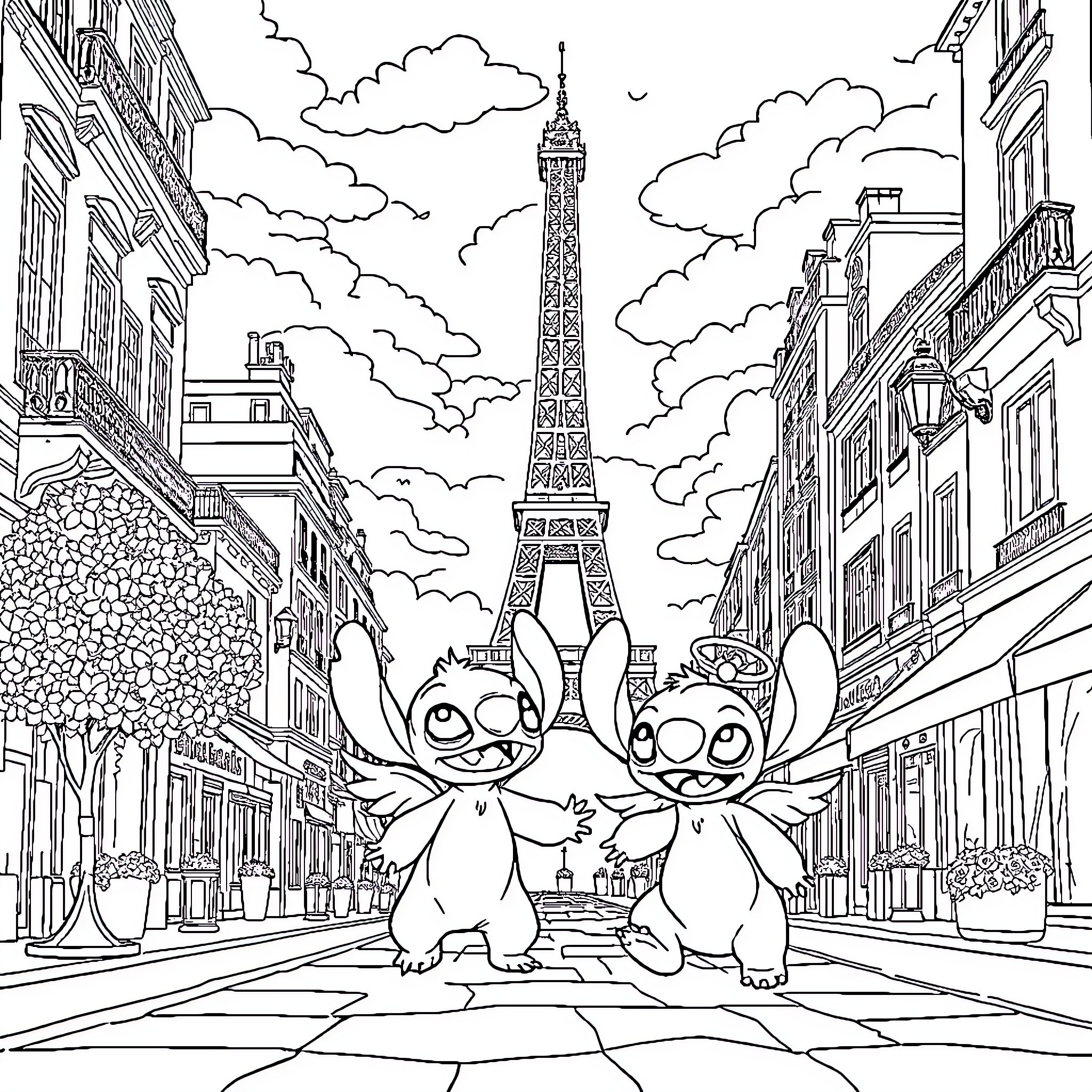 Stitch Enjoys Sightseeing in Iconic Parisian Setting Coloring Page (free black-and-white line drawing printable PDF for all, from beginners to advanced learners, including children, teens, adults, and seniors)