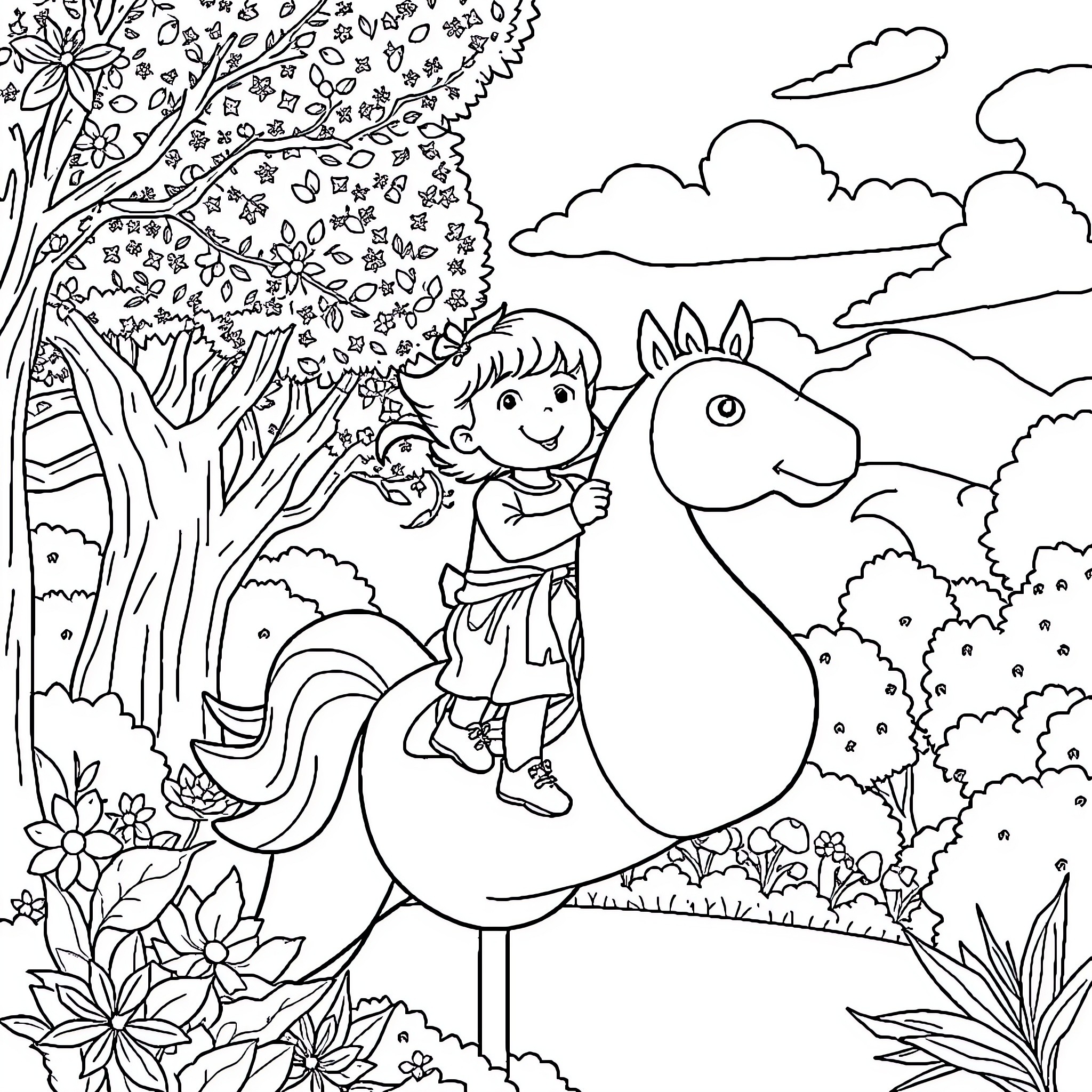 Child riding a pony in a lush forest Coloring Page (free black-and-white line drawing printable PDF for all, from beginners to advanced learners, including children, teens, adults, and seniors)
