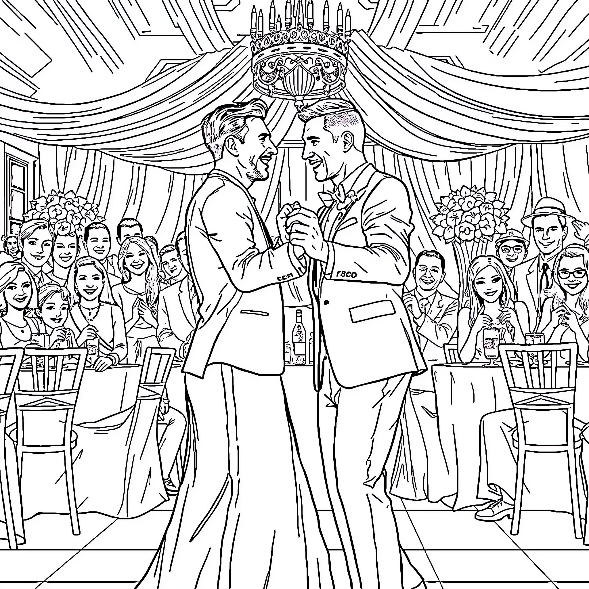 Messi's Regal Wedding Celebration Coloring Page (free black-and-white line drawing printable PDF for all, from beginners to advanced learners, including children, teens, adults, and seniors)