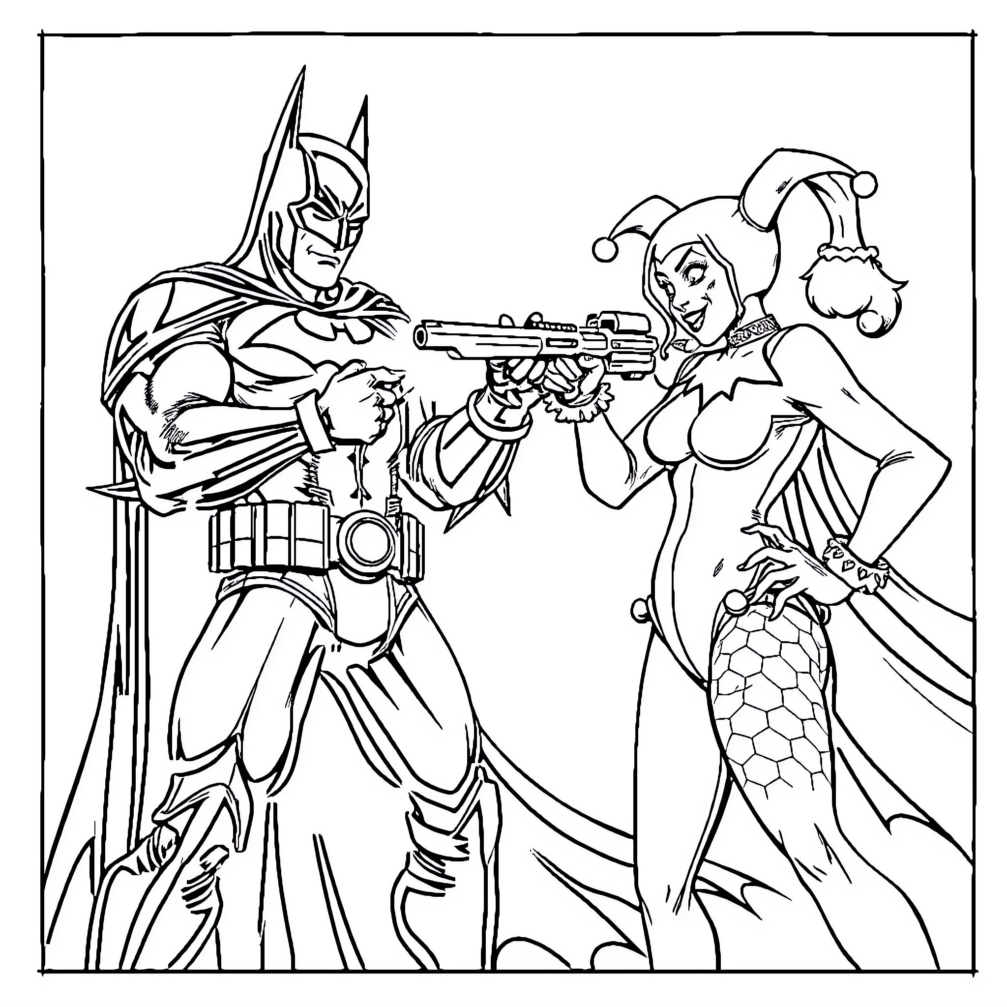 Harley Quinn and Batman in action-packed scene Coloring Page (free black-and-white line drawing printable PDF for all, from beginners to advanced learners, including children, teens, adults, and seniors)