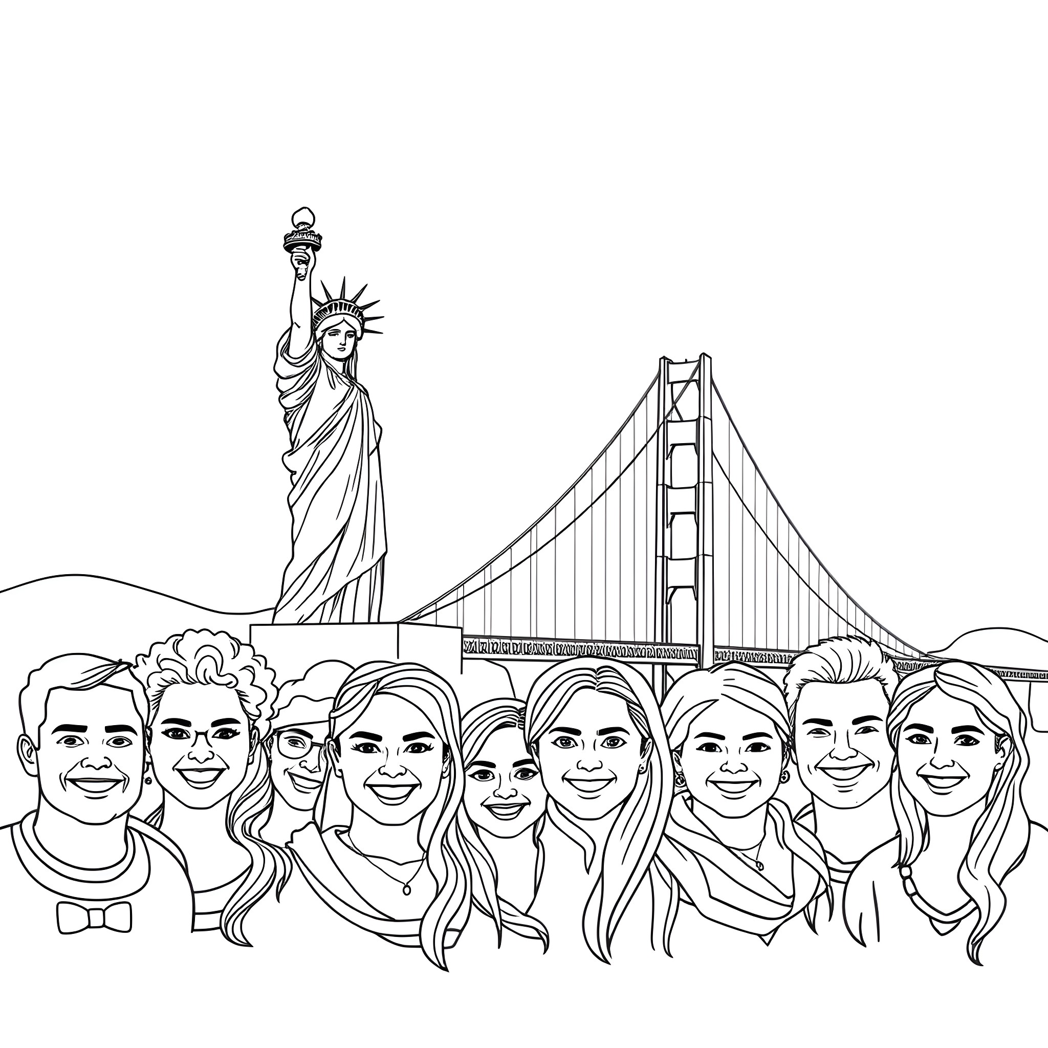 United States Landmarks and Diverse People Coloring Page (free black-and-white line drawing printable PDF for all, from beginners to advanced learners, including children, teens, adults, and seniors)