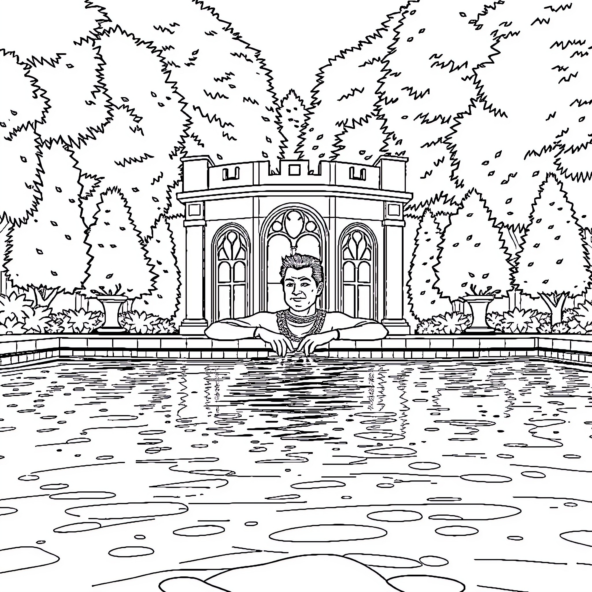 King Relaxing in Ornate Palace Garden Pool Coloring Page (free black-and-white line drawing printable PDF for all, from beginners to advanced learners, including children, teens, adults, and seniors)