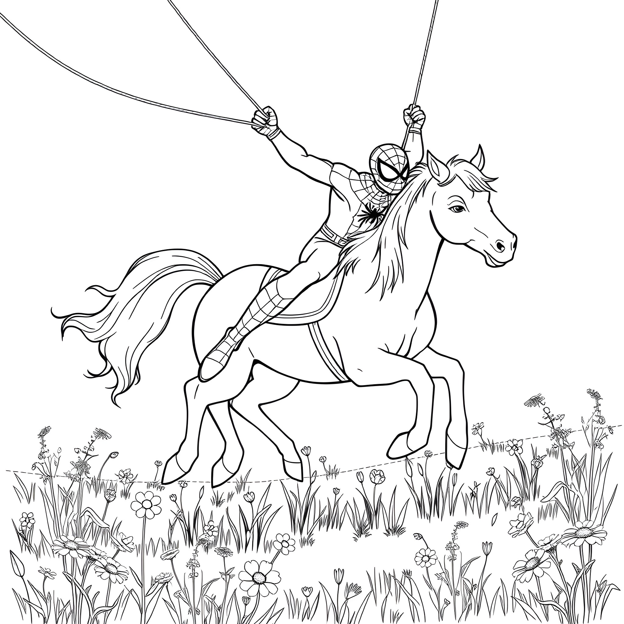 Spiderman swinging on webs while riding a horse Coloring Page (free black-and-white line drawing printable PDF for all, from beginners to advanced learners, including children, teens, adults, and seniors)