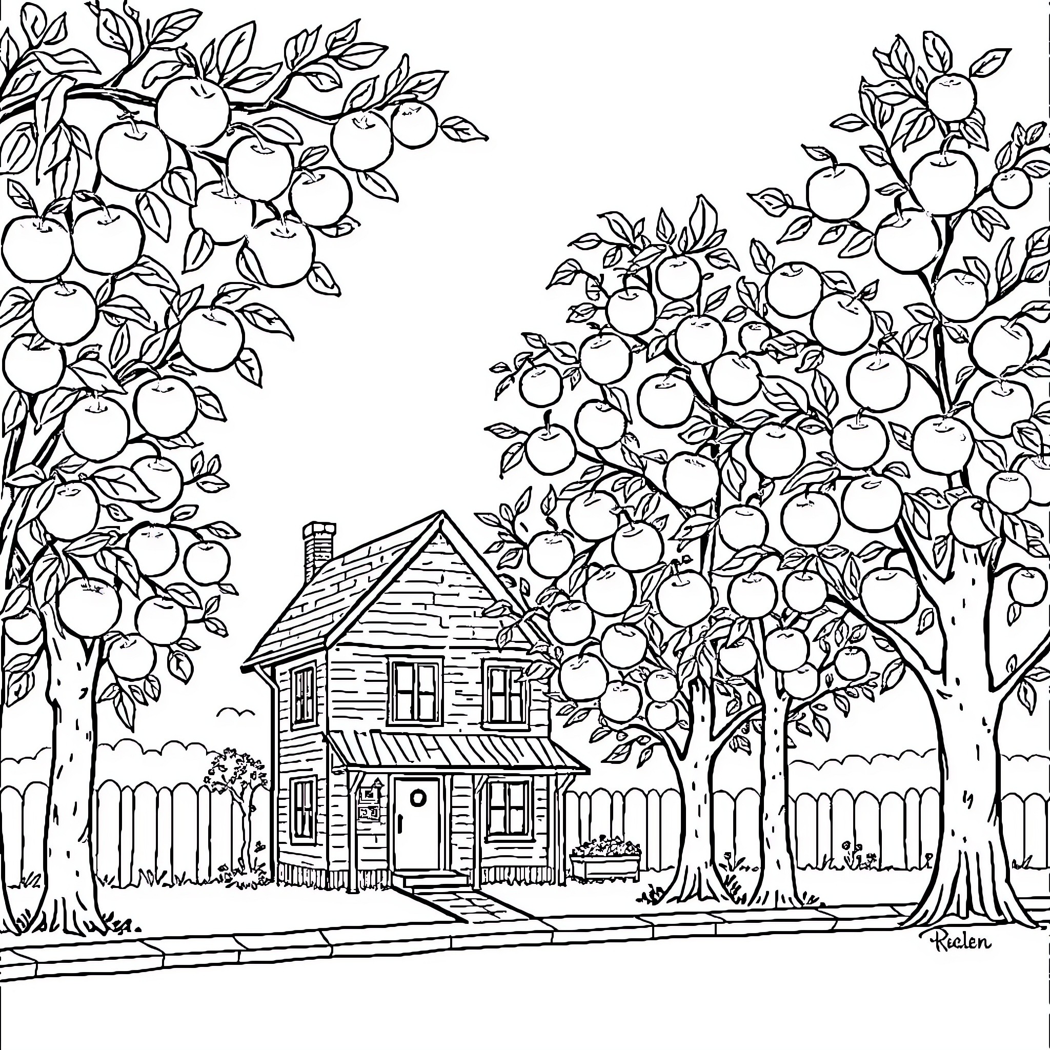 House in Orchard with Fruit Trees Coloring Page (free black-and-white line drawing printable PDF for all, from beginners to advanced learners, including children, teens, adults, and seniors)