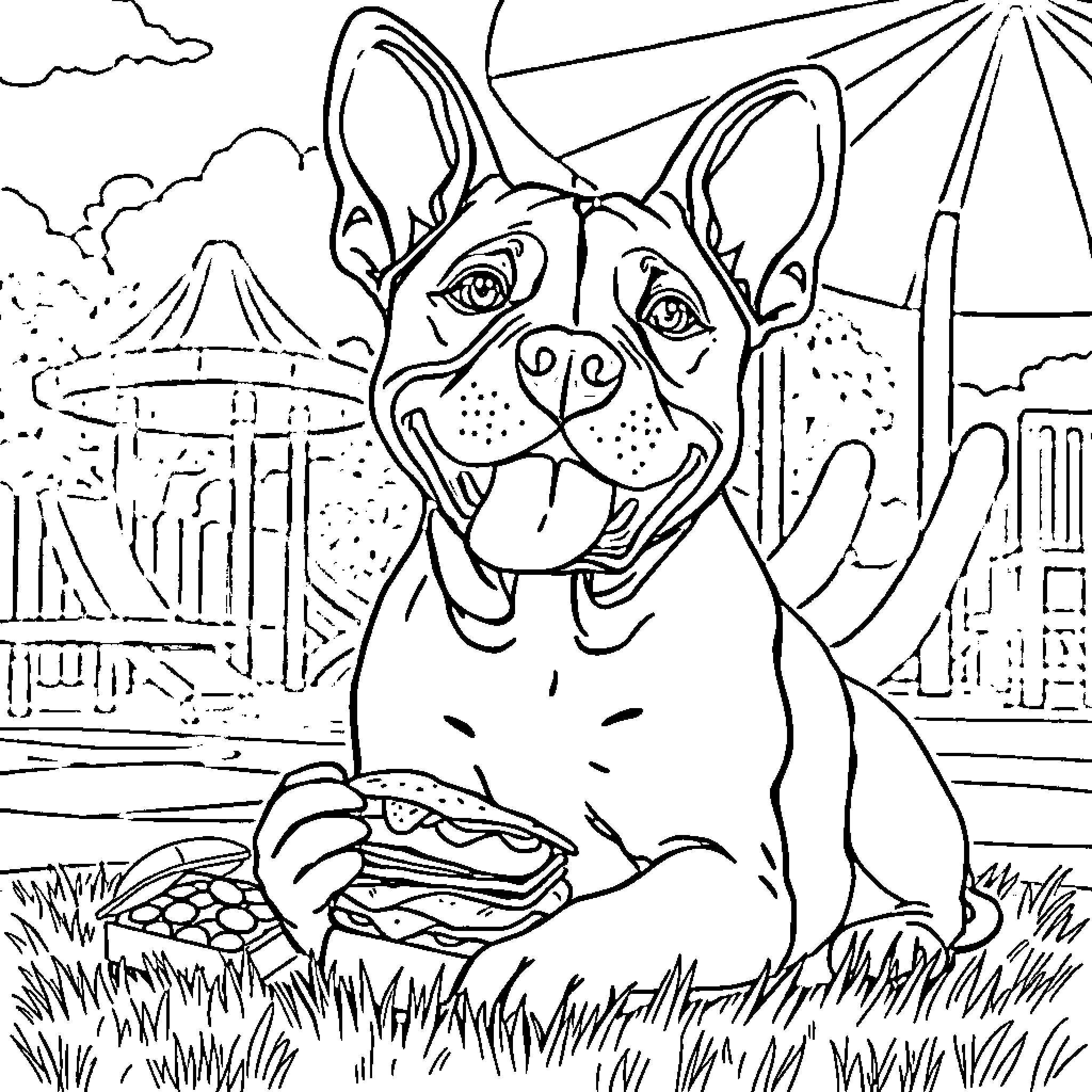 Pit Bull Enjoying a Tasty Treat in the Park Coloring Page (free black-and-white line drawing printable PDF for all, from beginners to advanced learners, including children, teens, adults, and seniors)