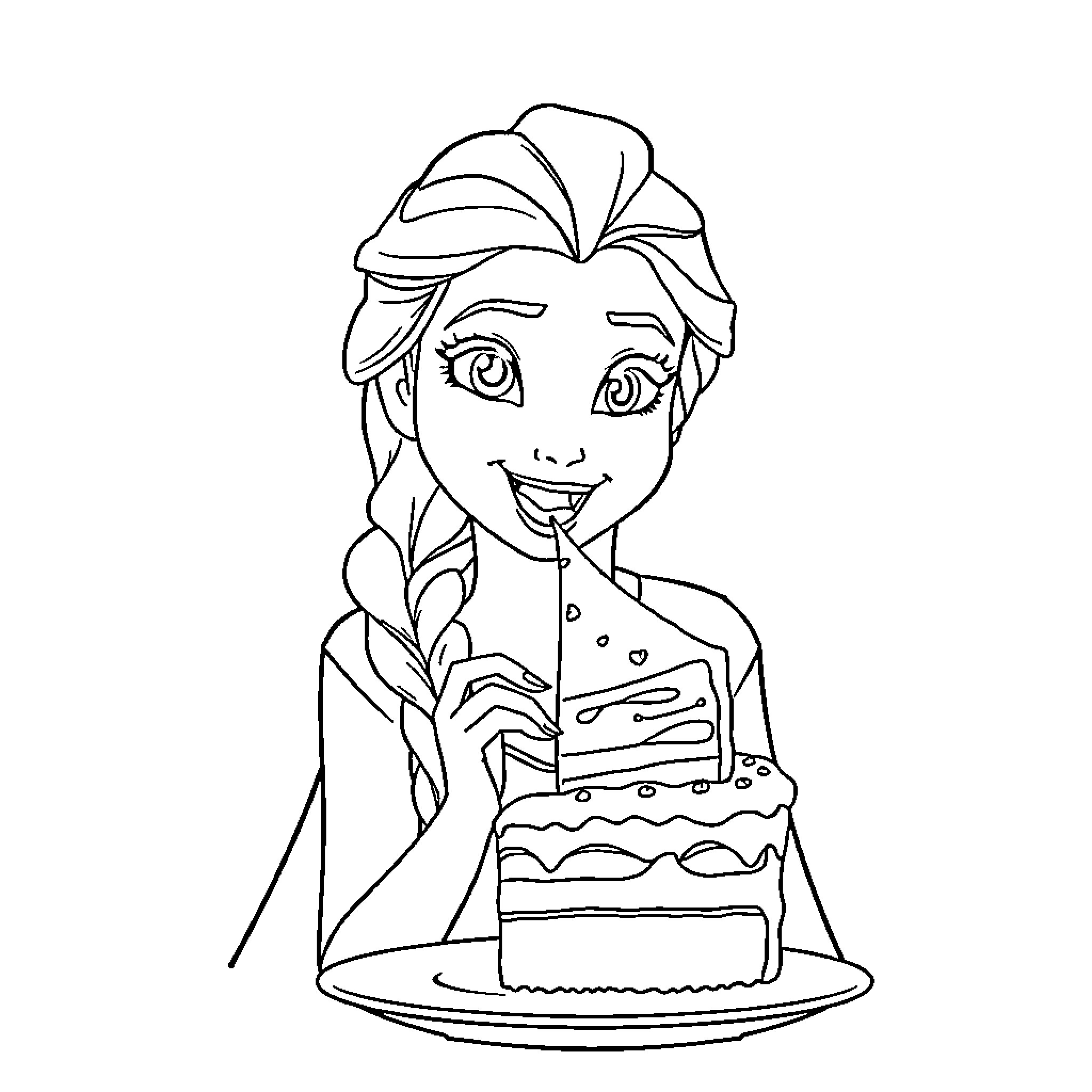 Frozen character happily holding a cake Coloring Page (free black-and-white line drawing printable PDF for all, from beginners to advanced learners, including children, teens, adults, and seniors)