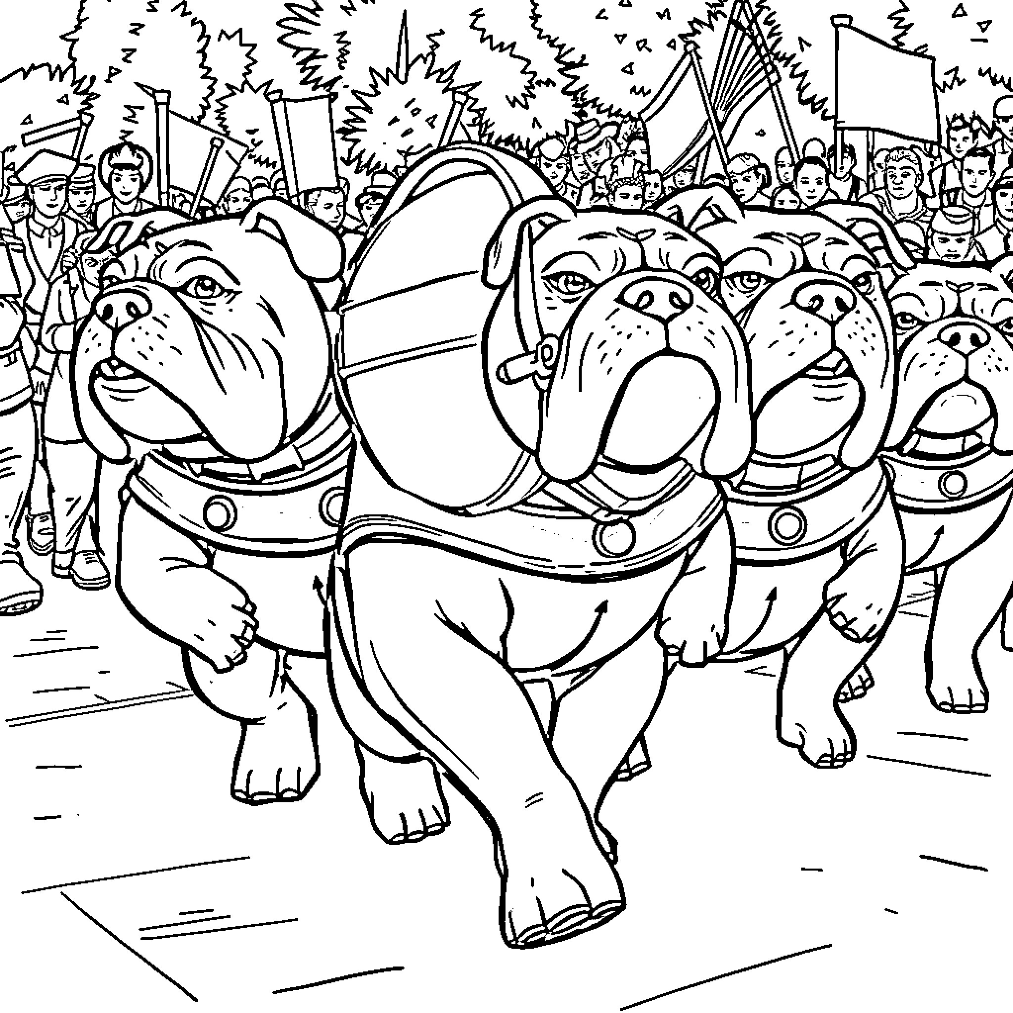 Bulldog brigade marching with determination Coloring Page (free black-and-white line drawing printable PDF for all, from beginners to advanced learners, including children, teens, adults, and seniors)