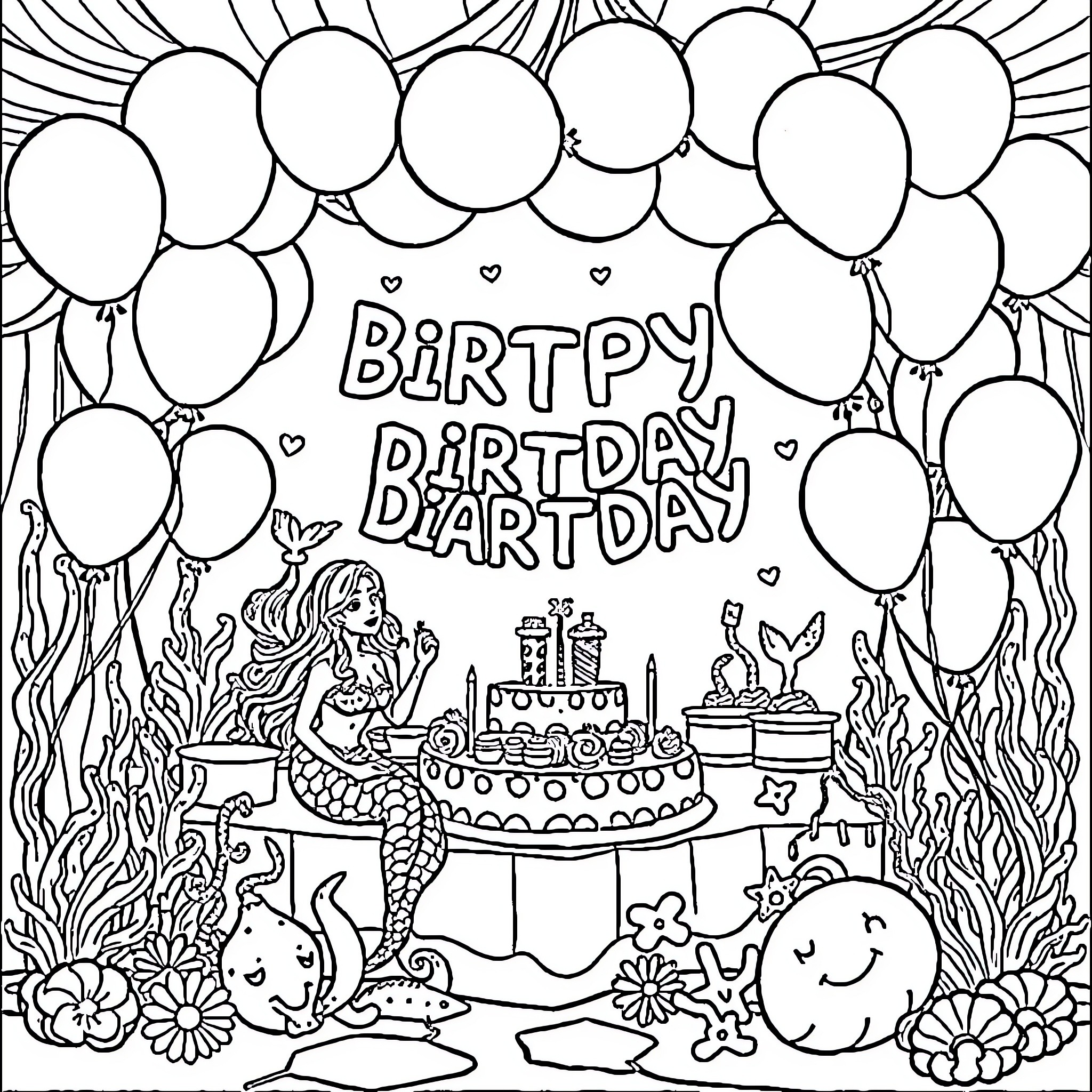 Mermaid's Joyous Birthday Celebration Coloring Page (free black-and-white line drawing printable PDF for all, from beginners to advanced learners, including children, teens, adults, and seniors)