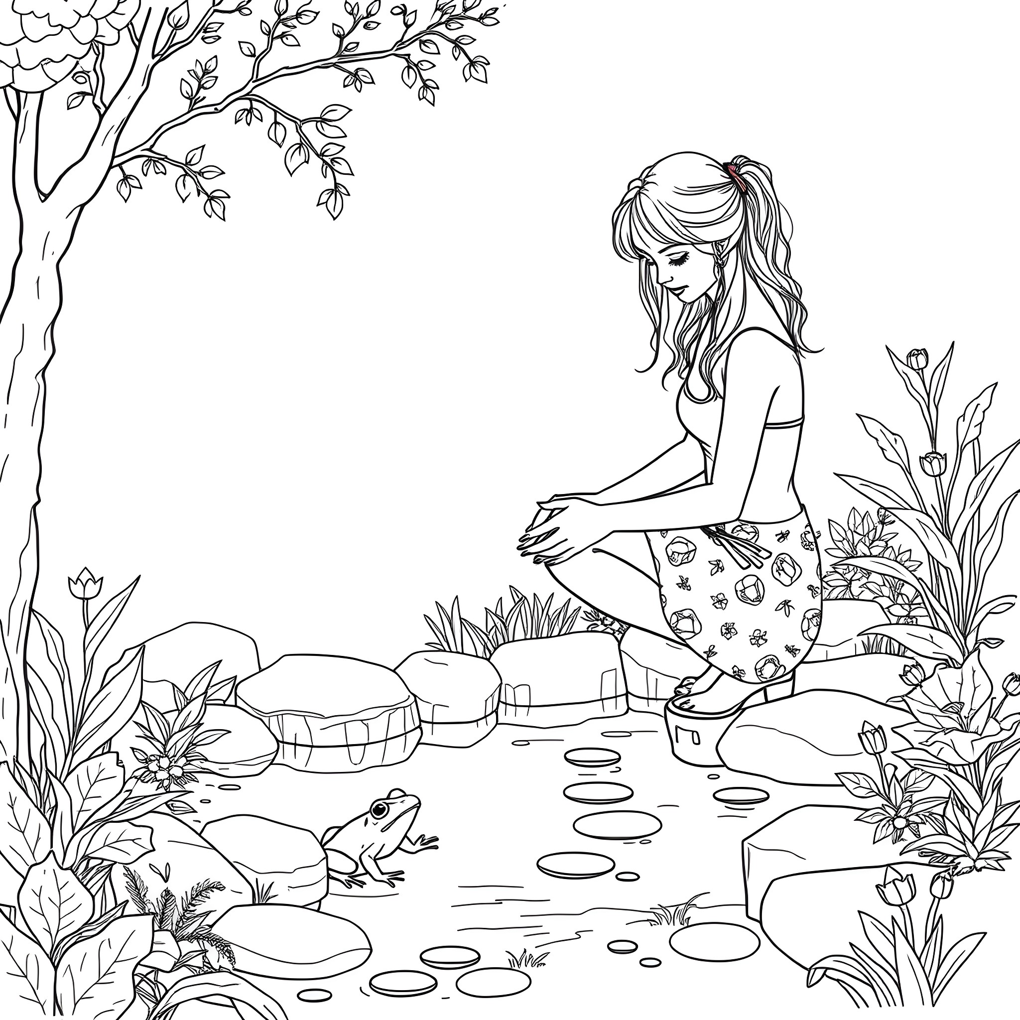 Woman enjoying nature's beauty in serene outdoor setting Coloring Page (free black-and-white line drawing printable PDF for all, from beginners to advanced learners, including children, teens, adults, and seniors)
