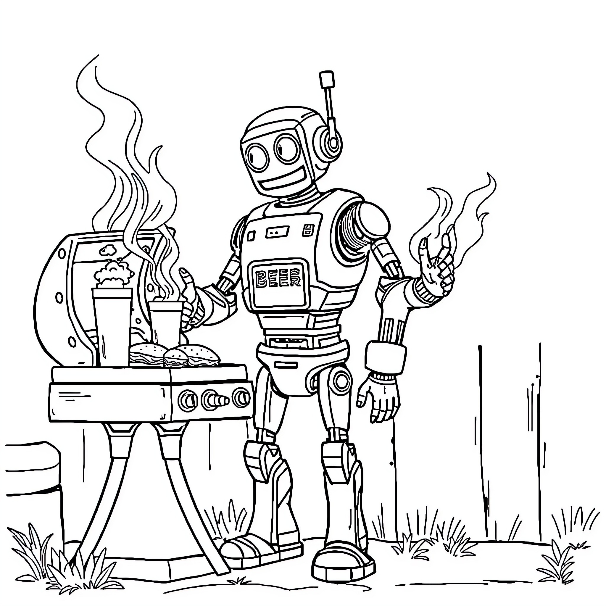 Beer Robot Brewing Tasty Drinks in the Backyard Coloring Page (free black-and-white line drawing printable PDF for all, from beginners to advanced learners, including children, teens, adults, and seniors)