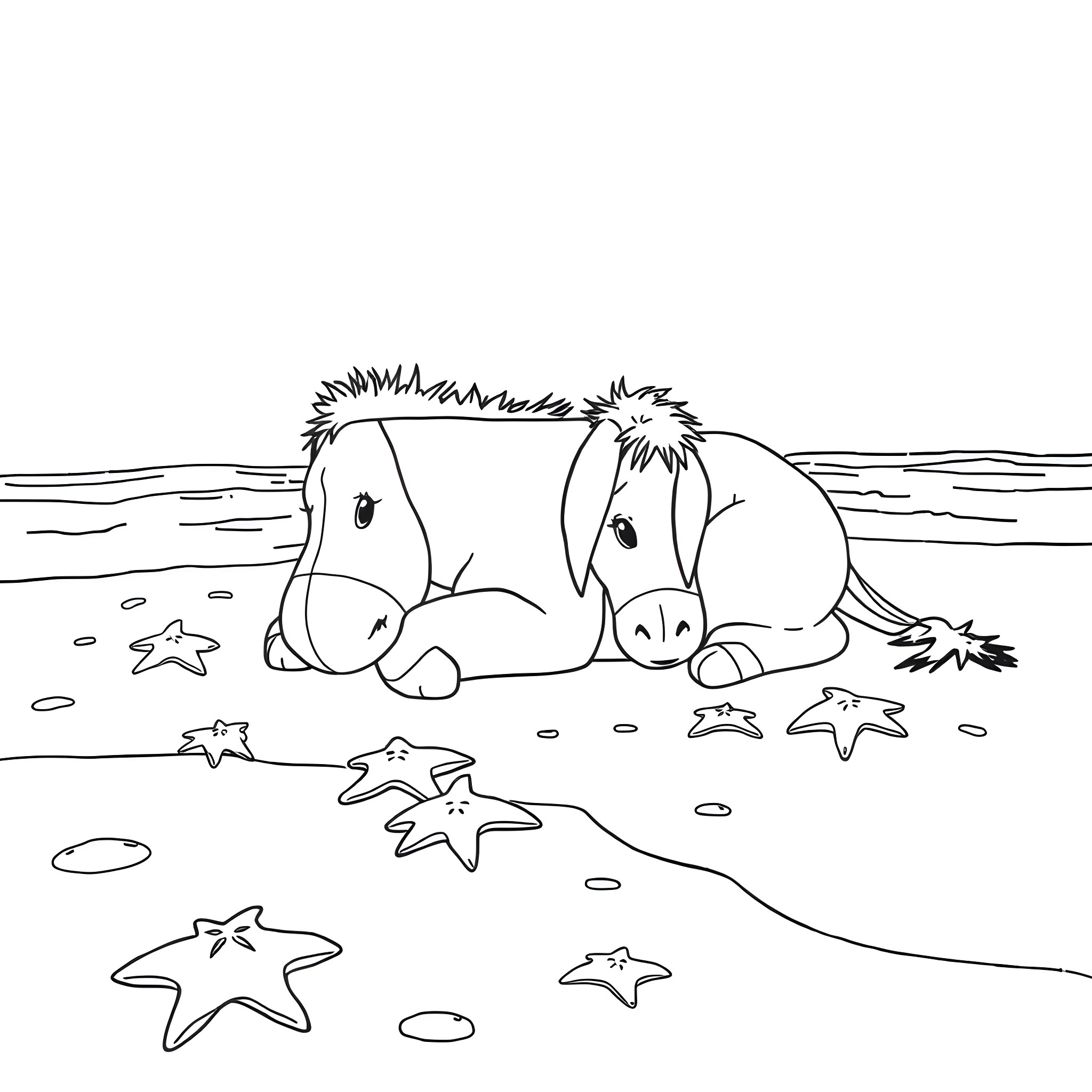 Eeyore relaxing on the beach with sea stars Coloring Page (free black-and-white line drawing printable PDF for all, from beginners to advanced learners, including children, teens, adults, and seniors)
