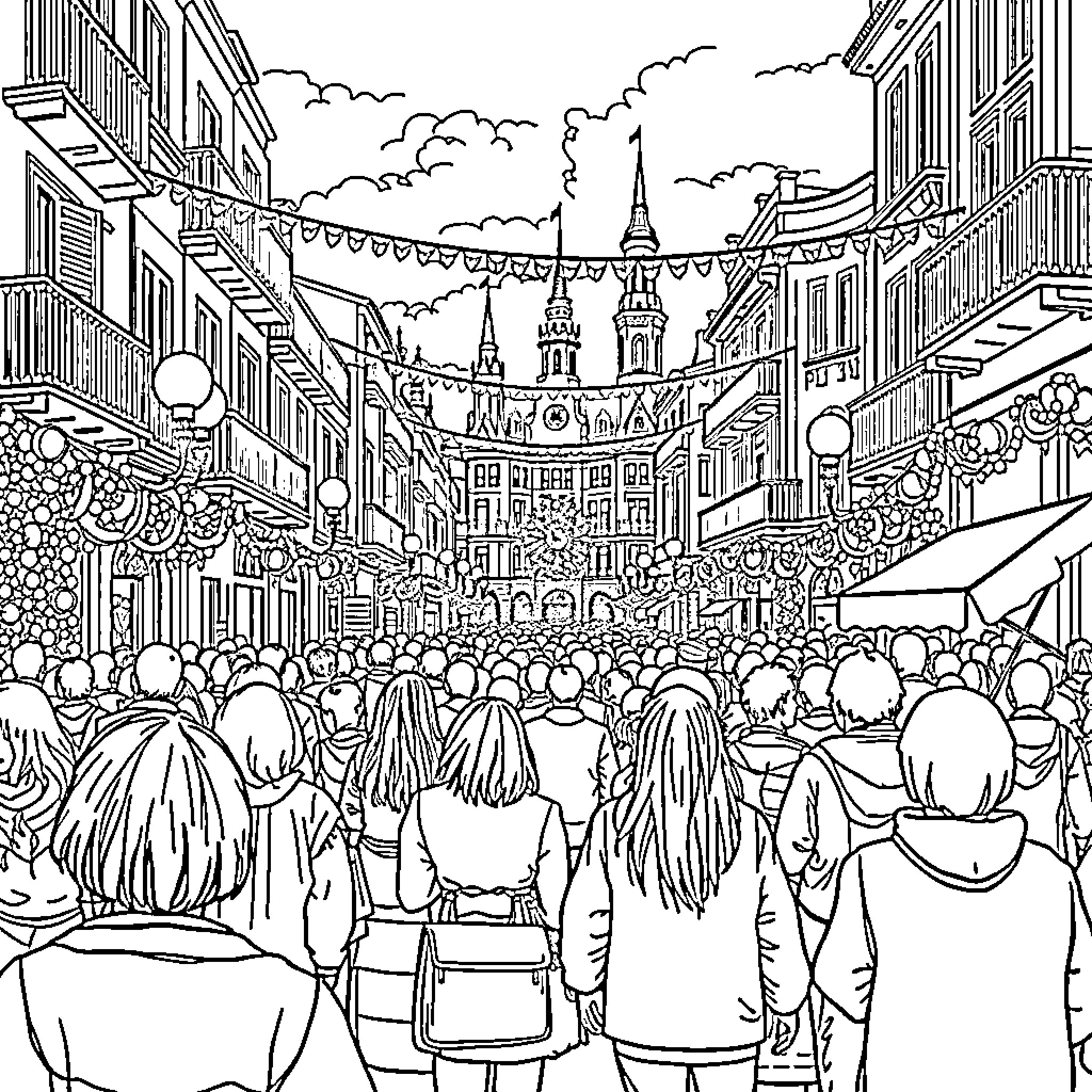 Fiestas del Pilar: Lively celebration with festive decorations Coloring Page (free black-and-white line drawing printable PDF for all, from beginners to advanced learners, including children, teens, adults, and seniors)