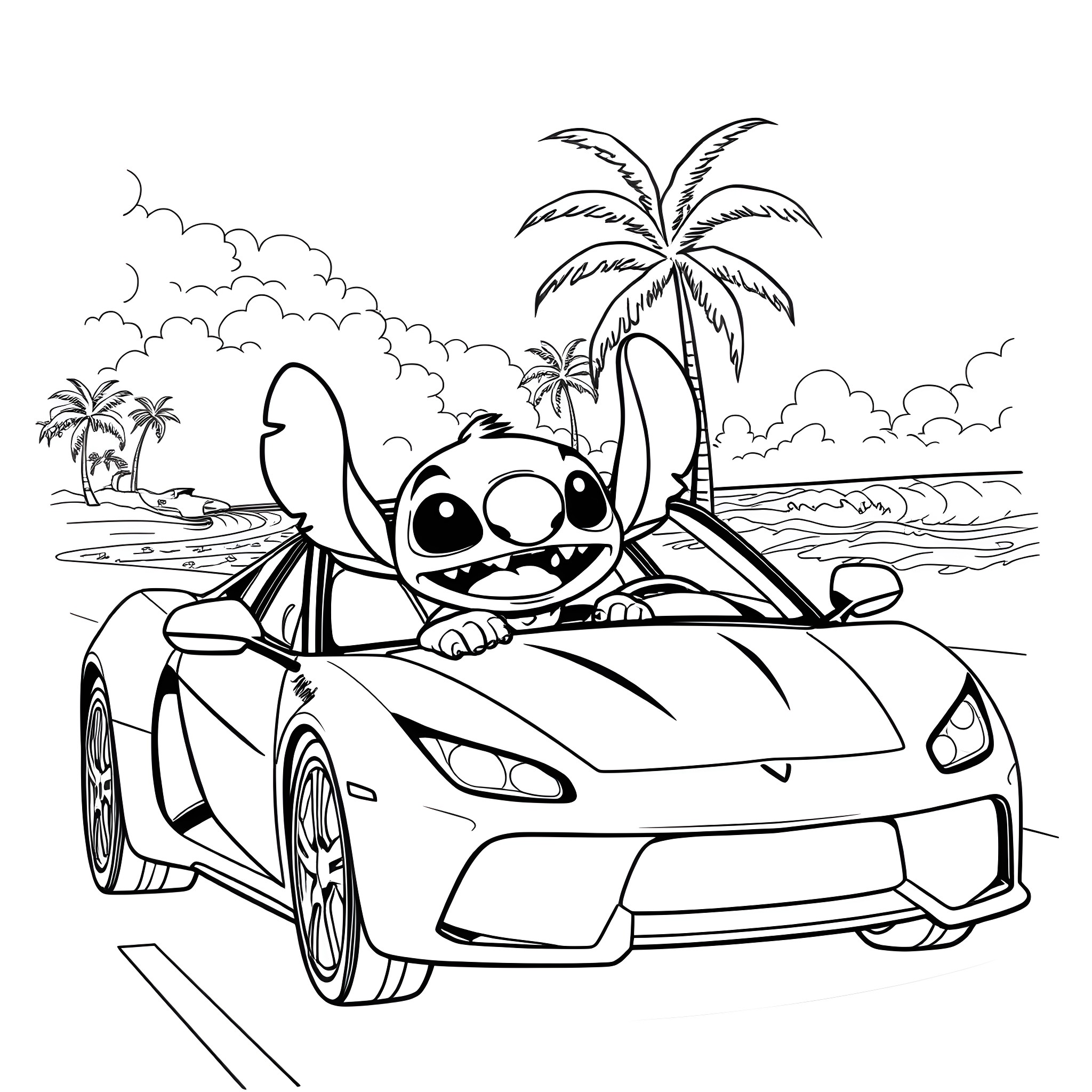 Stitch driving a sports car on the beach Coloring Page (free black-and-white line drawing printable PDF for all, from beginners to advanced learners, including children, teens, adults, and seniors)