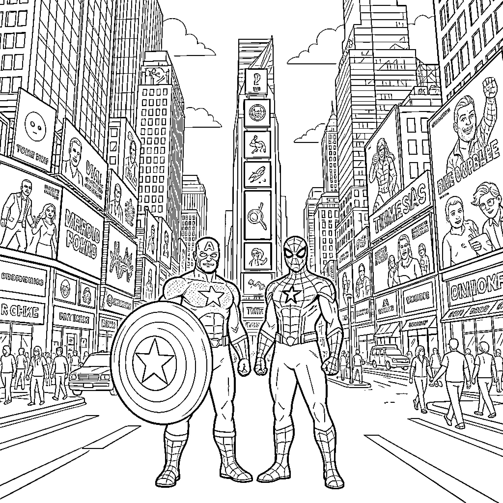 Captain America and Superheroes Defend Times Square Coloring Page (free black-and-white line drawing printable PDF for all, from beginners to advanced learners, including children, teens, adults, and seniors)