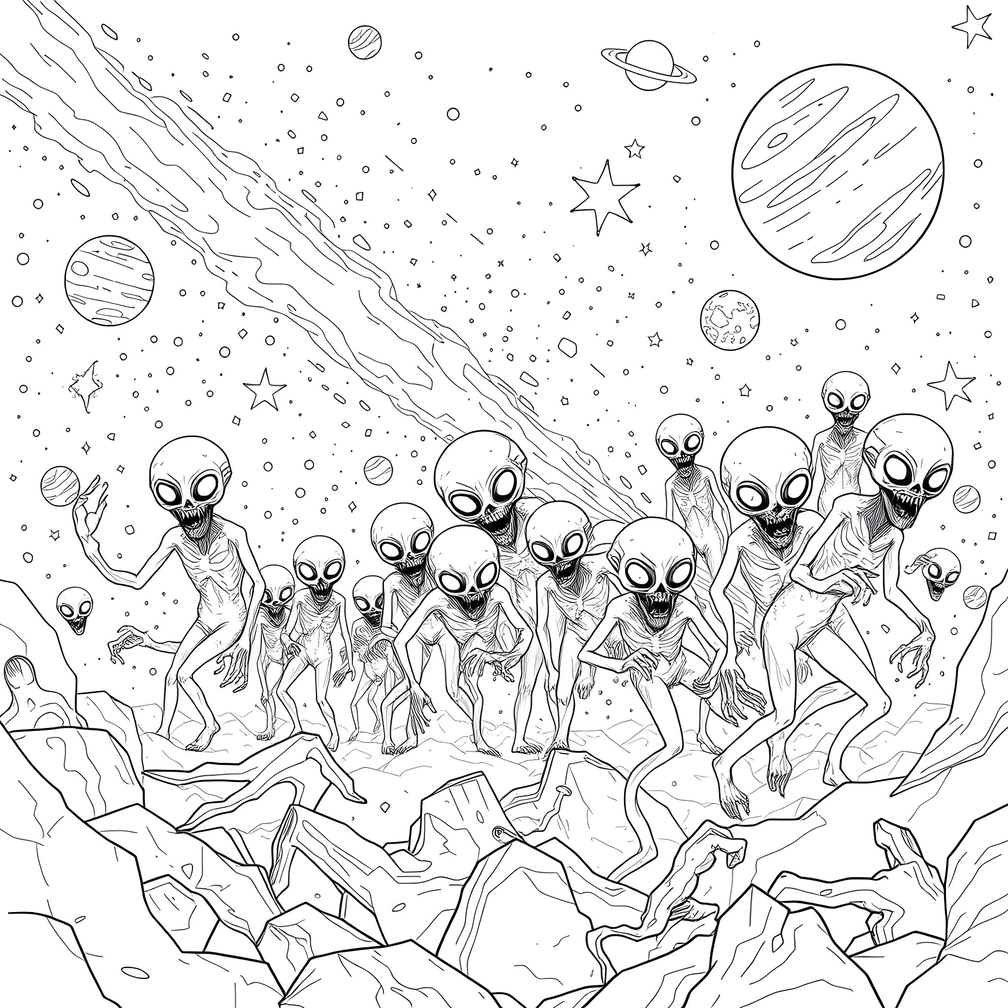 Alien beings exploring the cosmic landscape Coloring Page (free black-and-white line drawing printable PDF for all, from beginners to advanced learners, including children, teens, adults, and seniors)