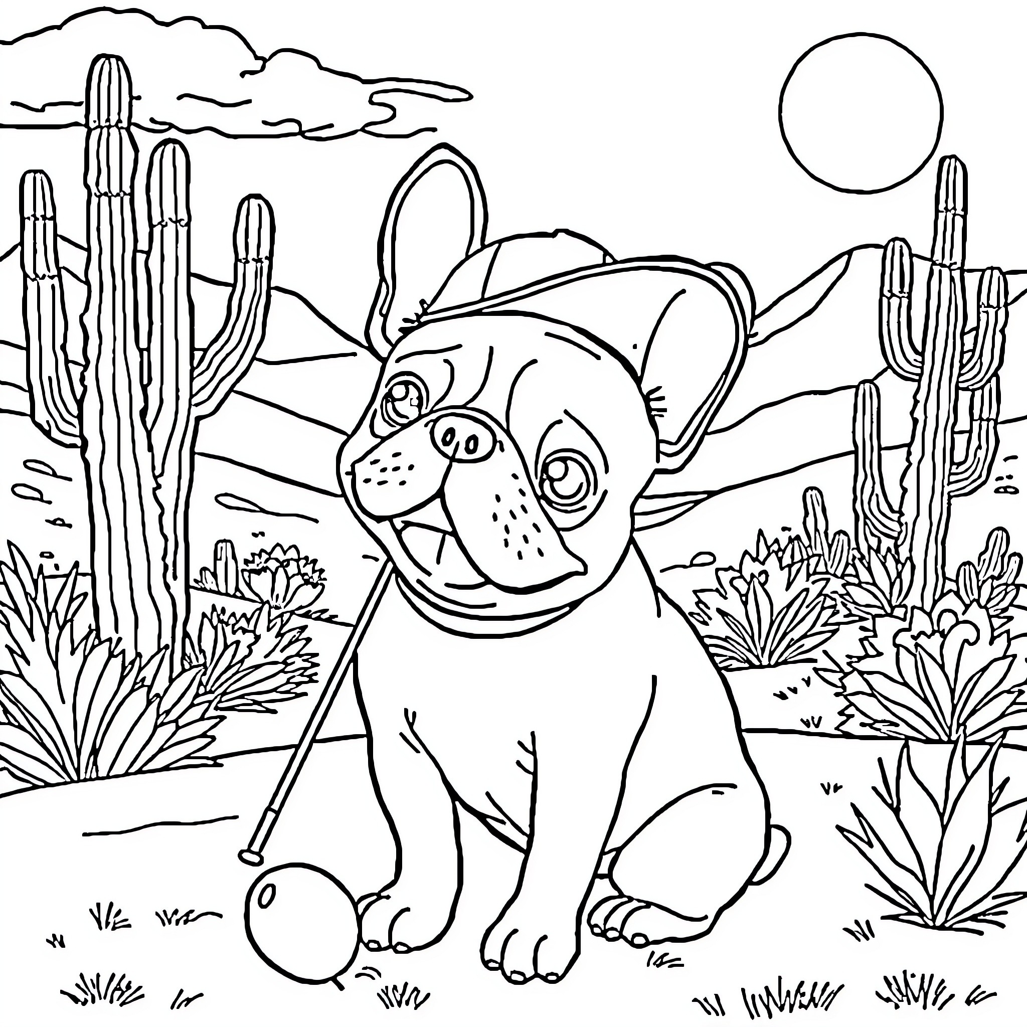 French Bulldog exploring the desert landscape Coloring Page (free black-and-white line drawing printable PDF for all, from beginners to advanced learners, including children, teens, adults, and seniors)