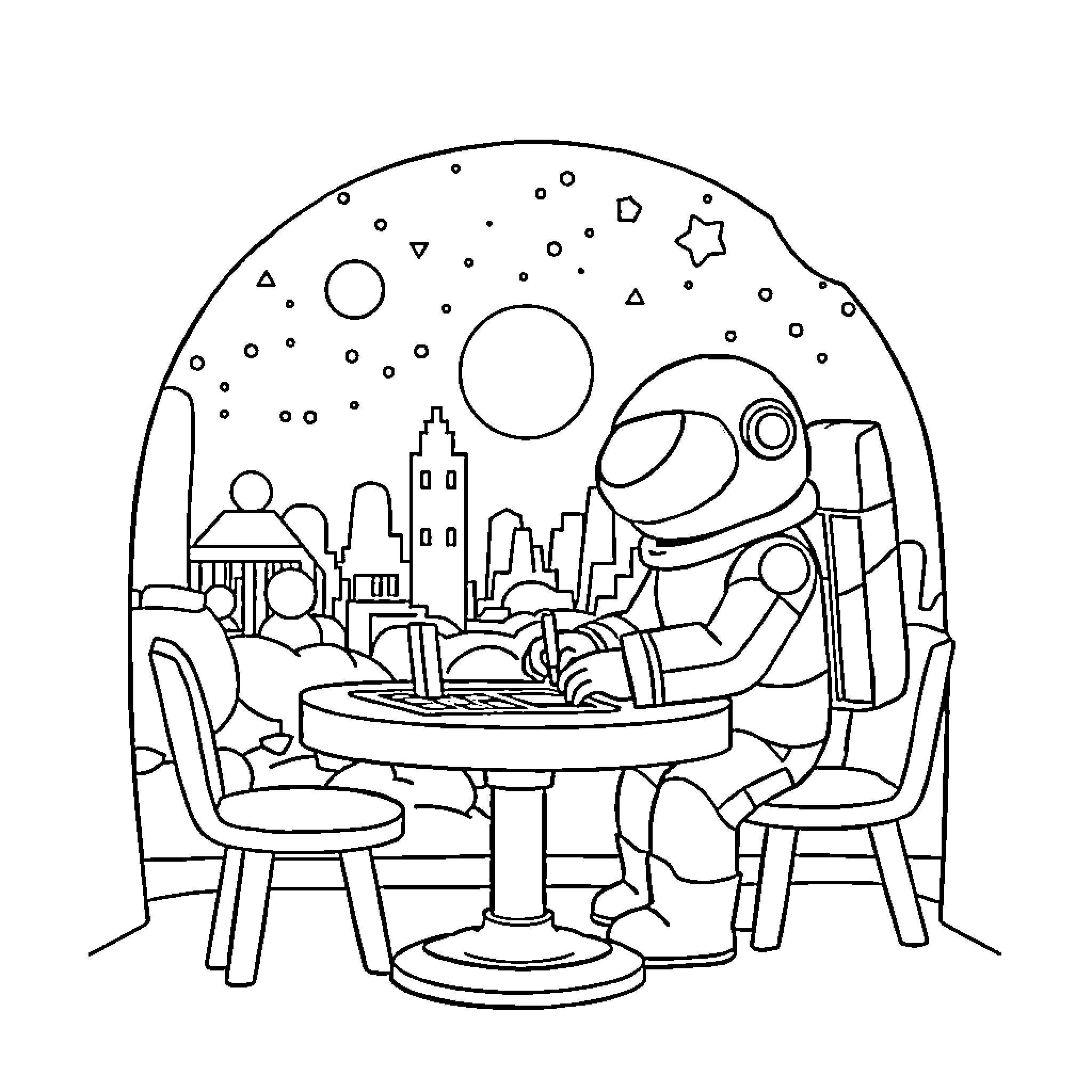 Among Us Character Enjoying Futuristic Meal in Cityscape Coloring Page (free black-and-white line drawing printable PDF for all, from beginners to advanced learners, including children, teens, adults, and seniors)