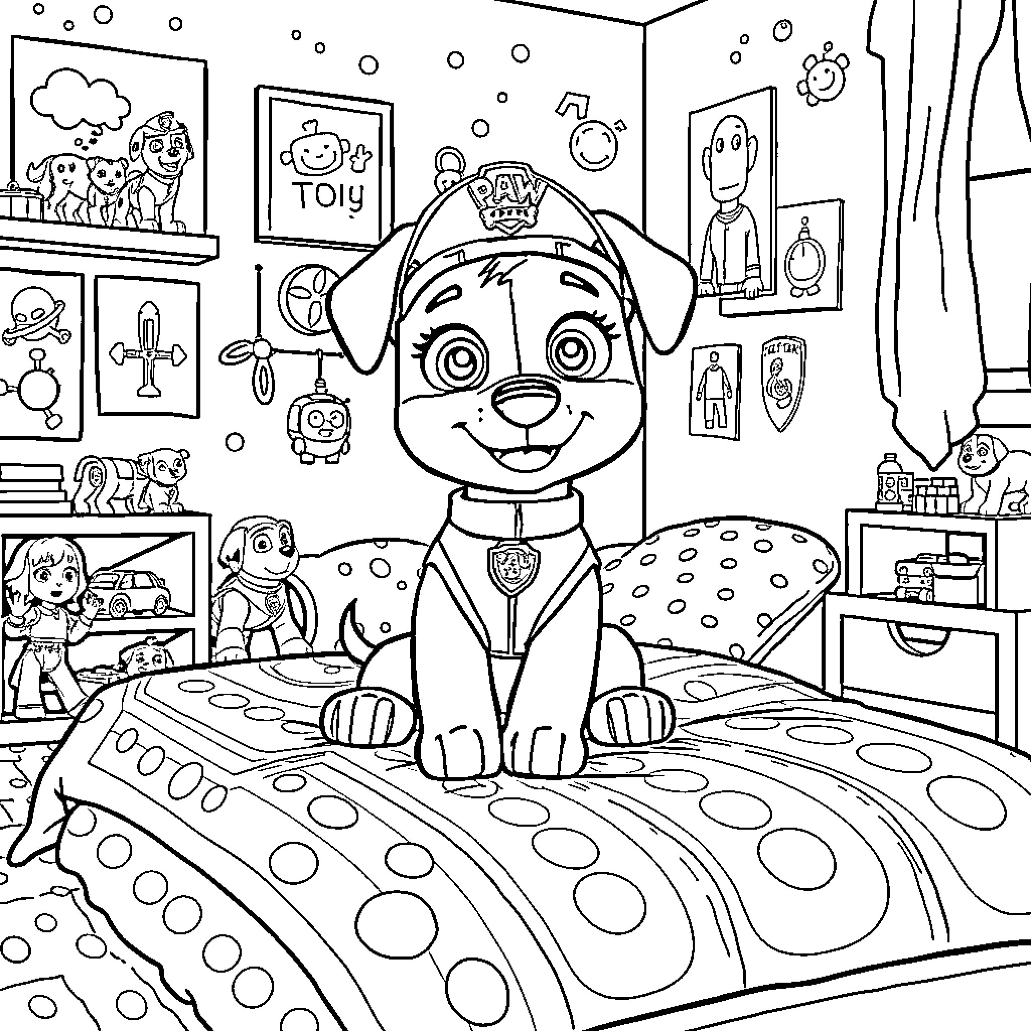 Sky full of playful puppies in a cozy bedroom Coloring Page (free black-and-white line drawing printable PDF for all, from beginners to advanced learners, including children, teens, adults, and seniors)