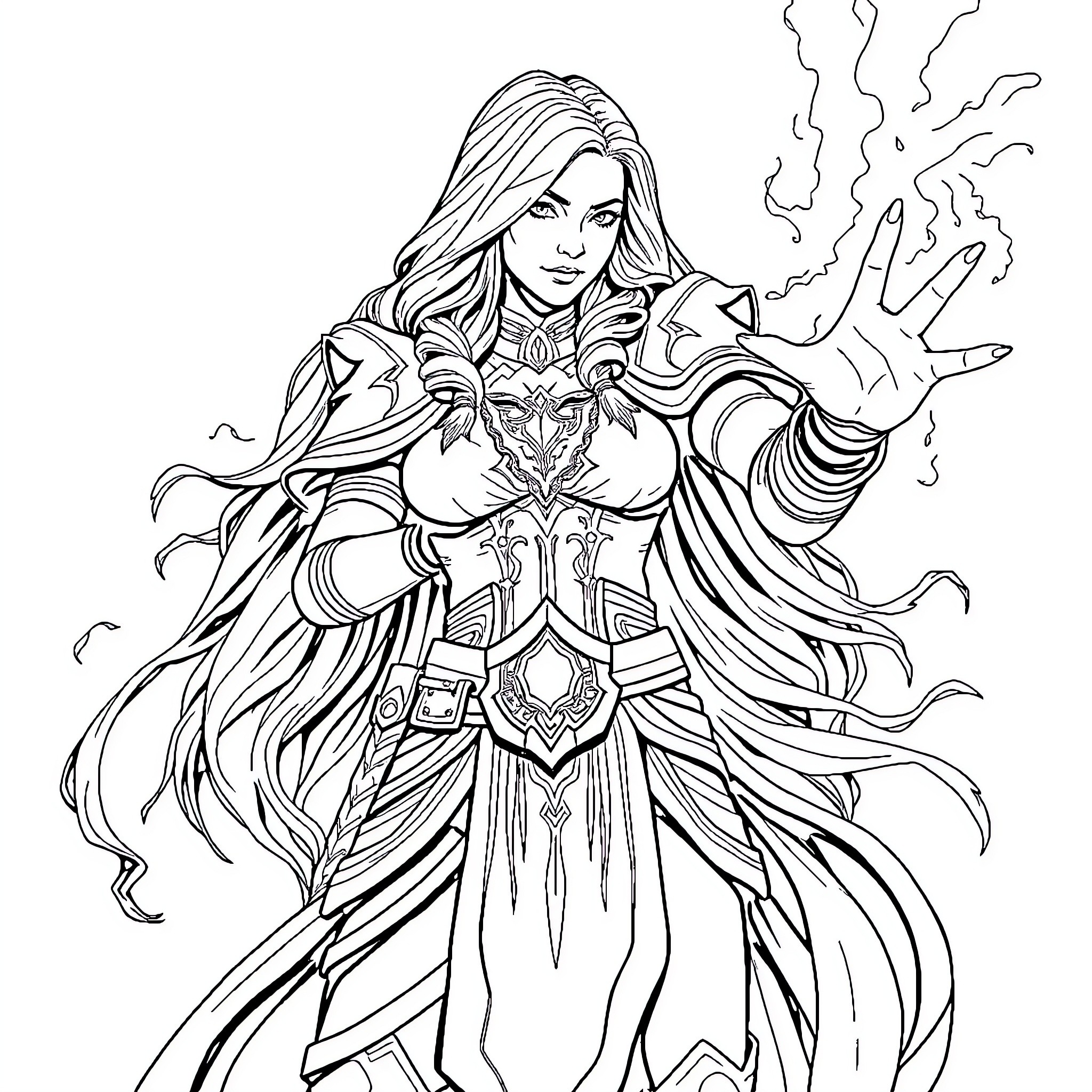 Jaina, the Powerful Mage in Majestic Attire Coloring Page (free black-and-white line drawing printable PDF for all, from beginners to advanced learners, including children, teens, adults, and seniors)