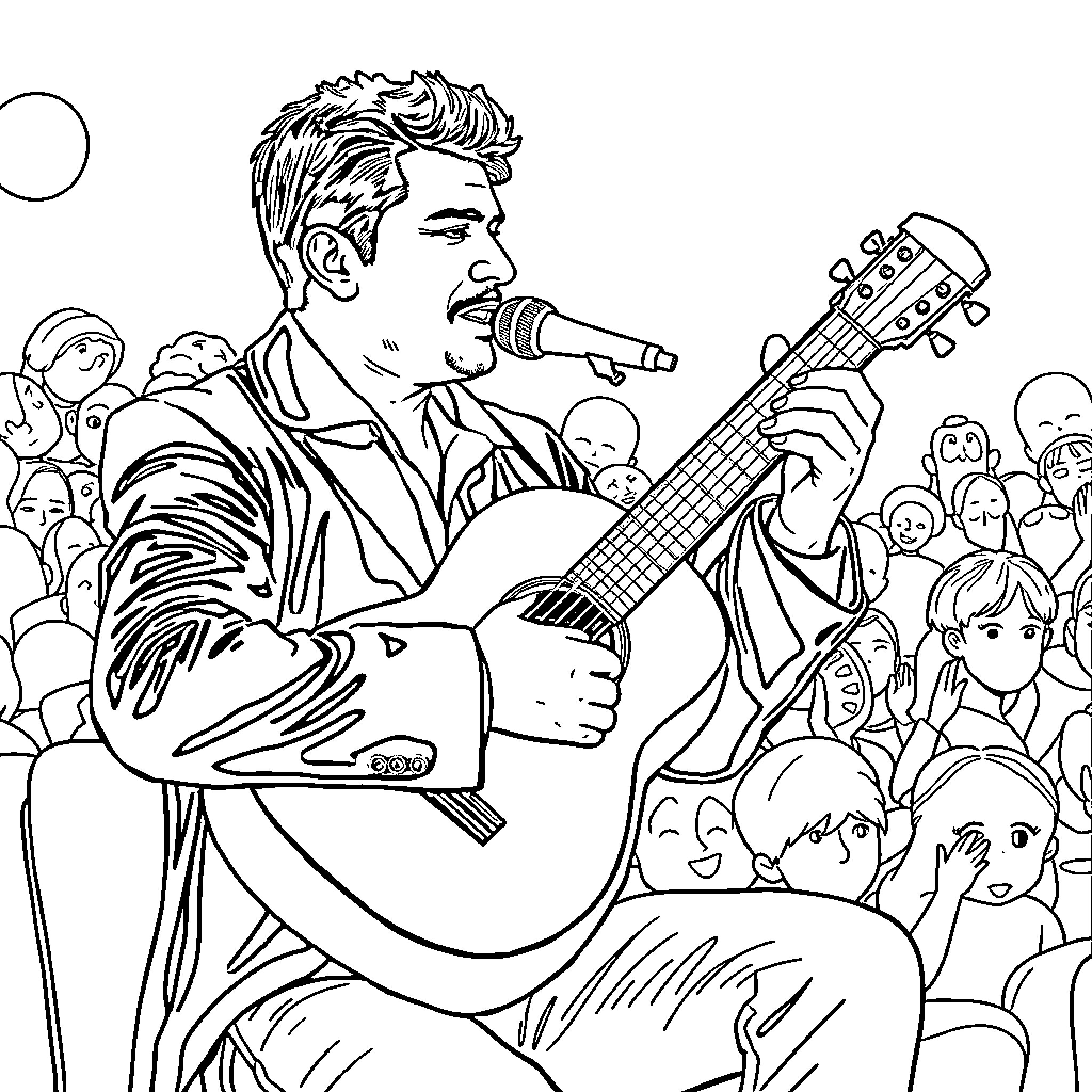 Ali Primera Singing Passionately on Stage with Crowd Coloring Page (free black-and-white line drawing printable PDF for all, from beginners to advanced learners, including children, teens, adults, and seniors)