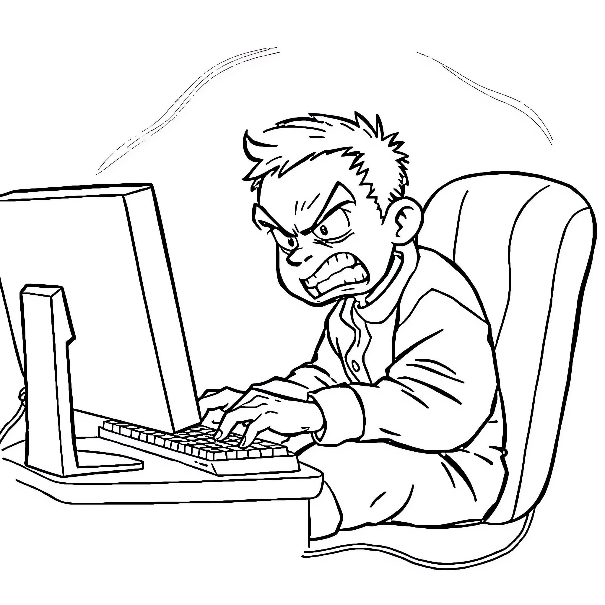 Kid intensely focused on using computer Coloring Page (free black-and-white line drawing printable PDF for all, from beginners to advanced learners, including children, teens, adults, and seniors)