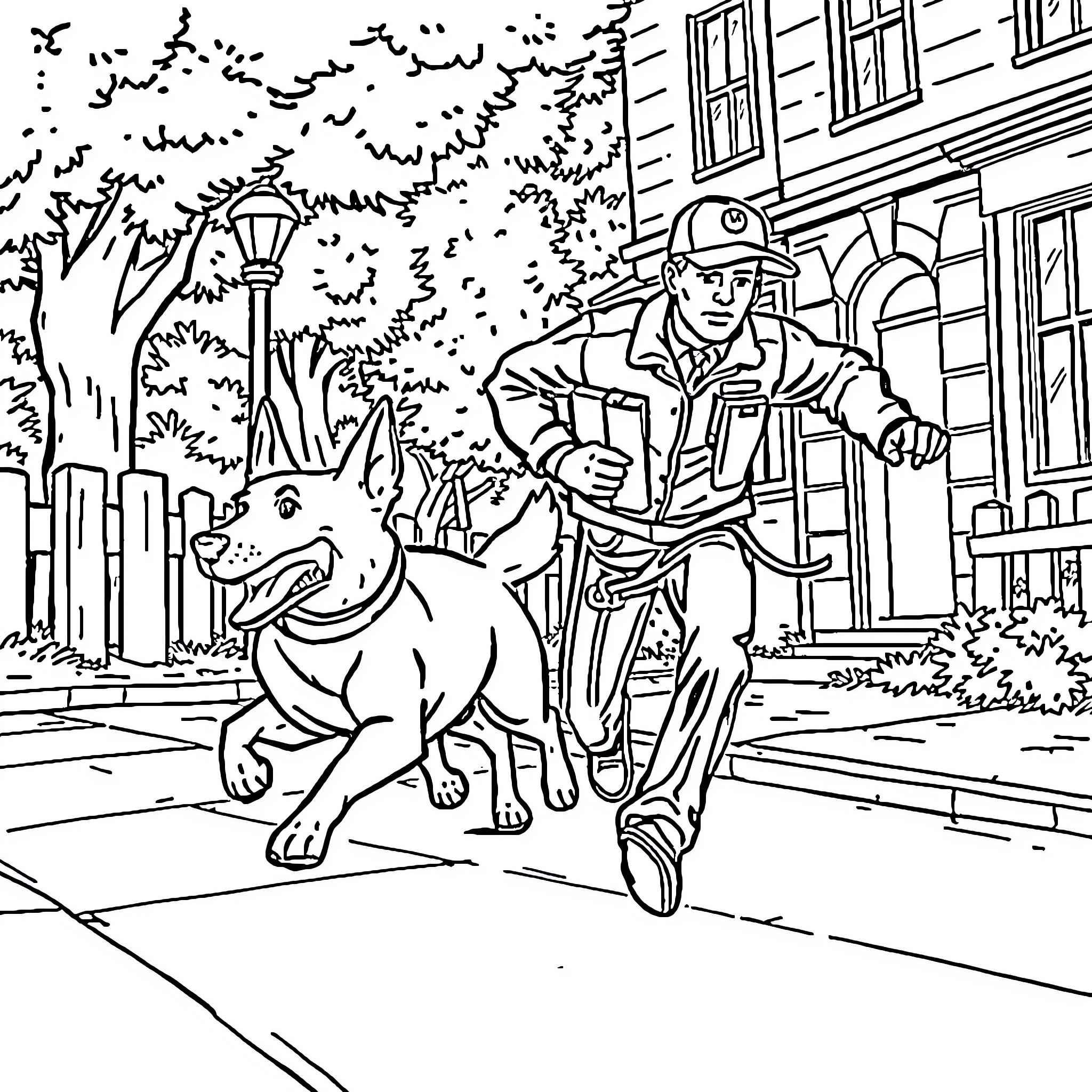 Mailman walking with a dog on the street Coloring Page (free black-and-white line drawing printable PDF for all, from beginners to advanced learners, including children, teens, adults, and seniors)