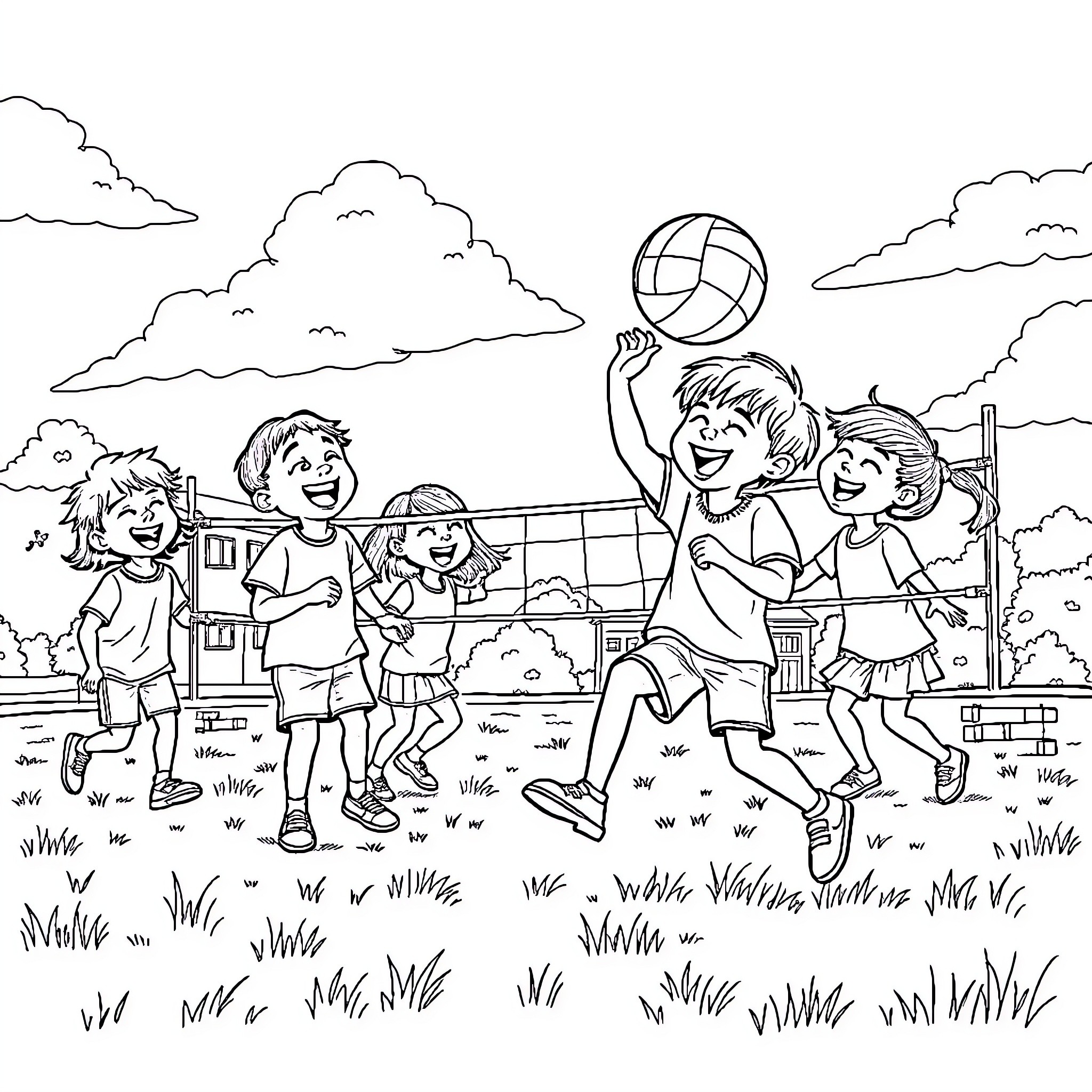 Child playing sports with friends in the park Coloring Page (free black-and-white line drawing printable PDF for all, from beginners to advanced learners, including children, teens, adults, and seniors)