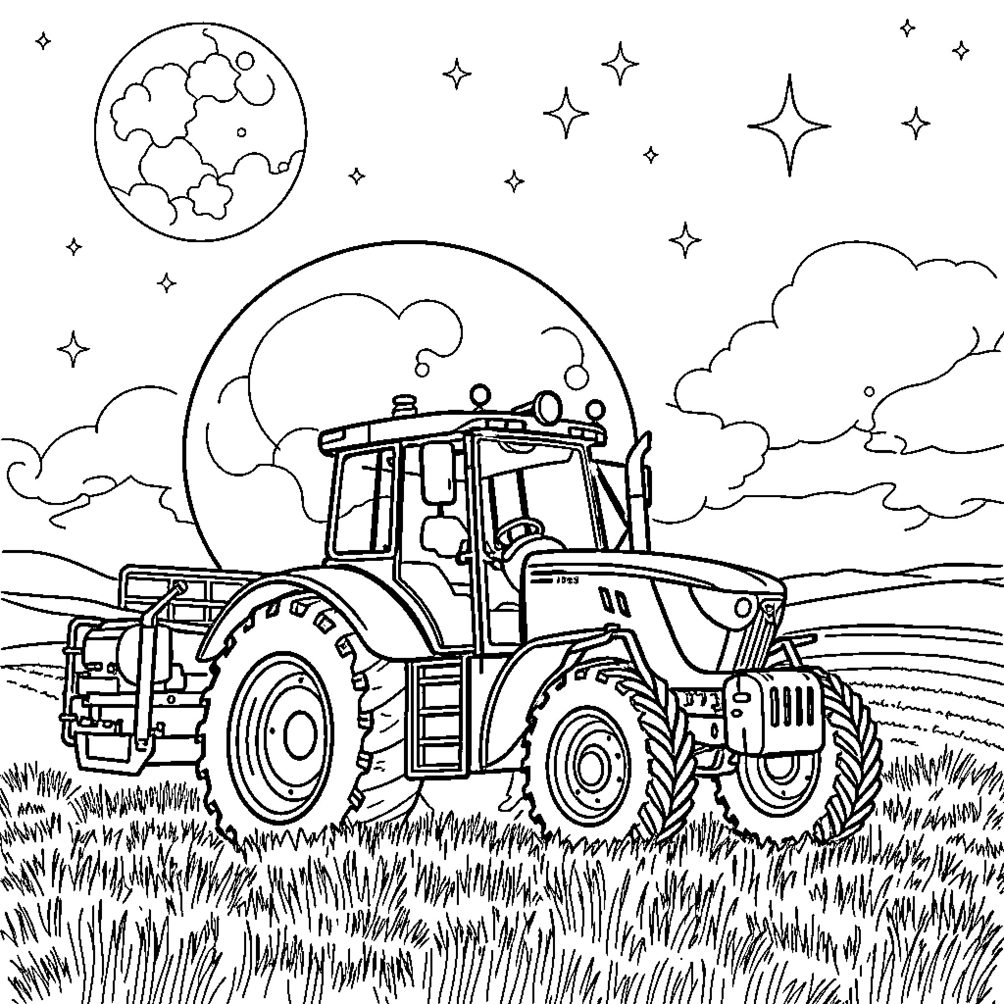 Tractor traversing the serene night landscape Coloring Page (free black-and-white line drawing printable PDF for all, from beginners to advanced learners, including children, teens, adults, and seniors)