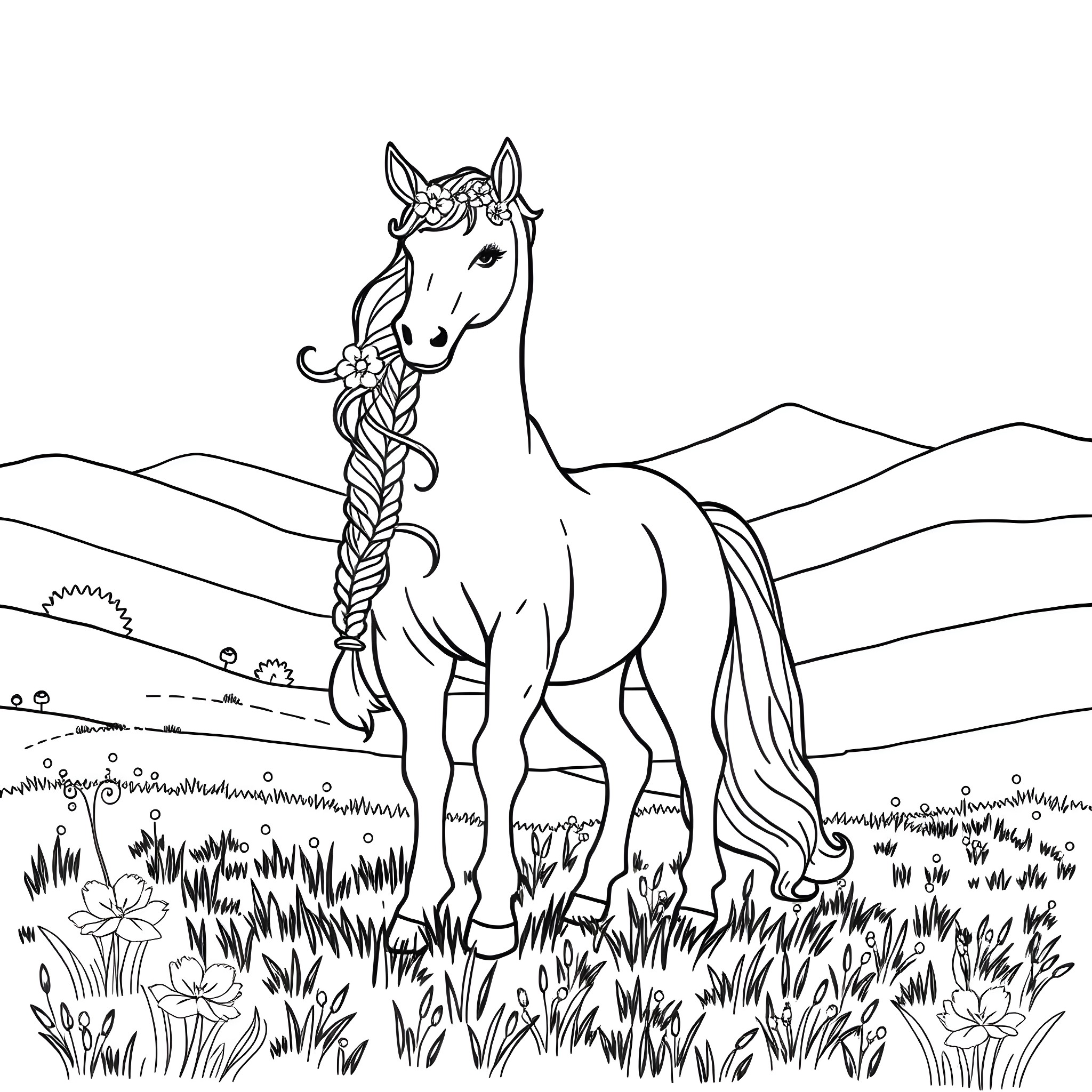 Unicorn strolling amidst the floral landscape Coloring Page (free black-and-white line drawing printable PDF for all, from beginners to advanced learners, including children, teens, adults, and seniors)