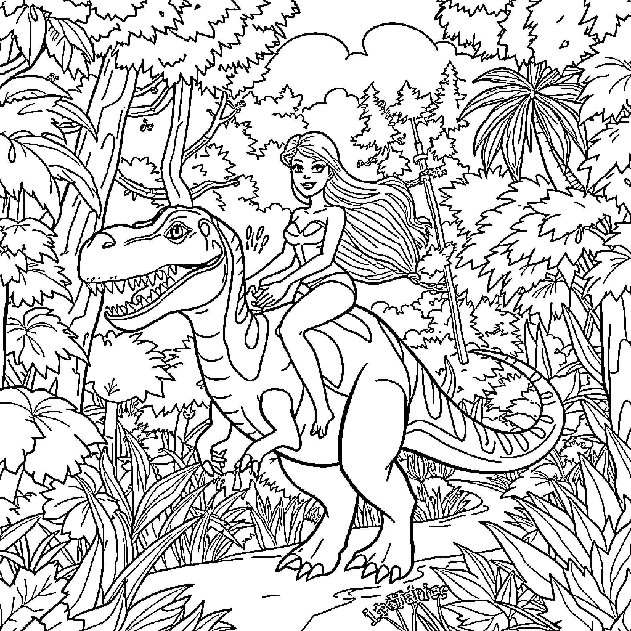Barbie riding a dinosaur in a lush jungle Coloring Page (free black-and-white line drawing printable PDF for all, from beginners to advanced learners, including children, teens, adults, and seniors)