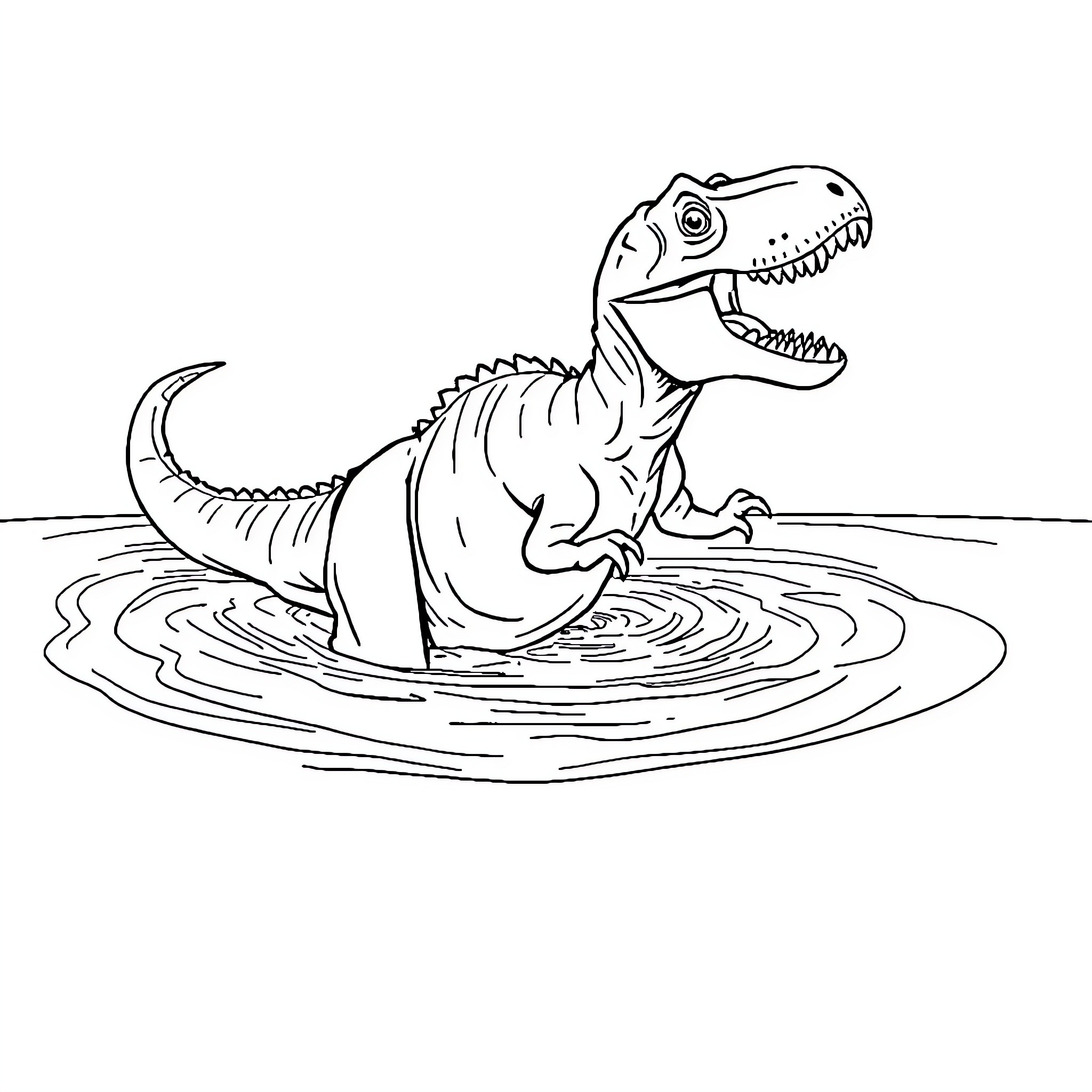 T-Rex splashing in water Coloring Page (free black-and-white line drawing printable PDF for all, from beginners to advanced learners, including children, teens, adults, and seniors)