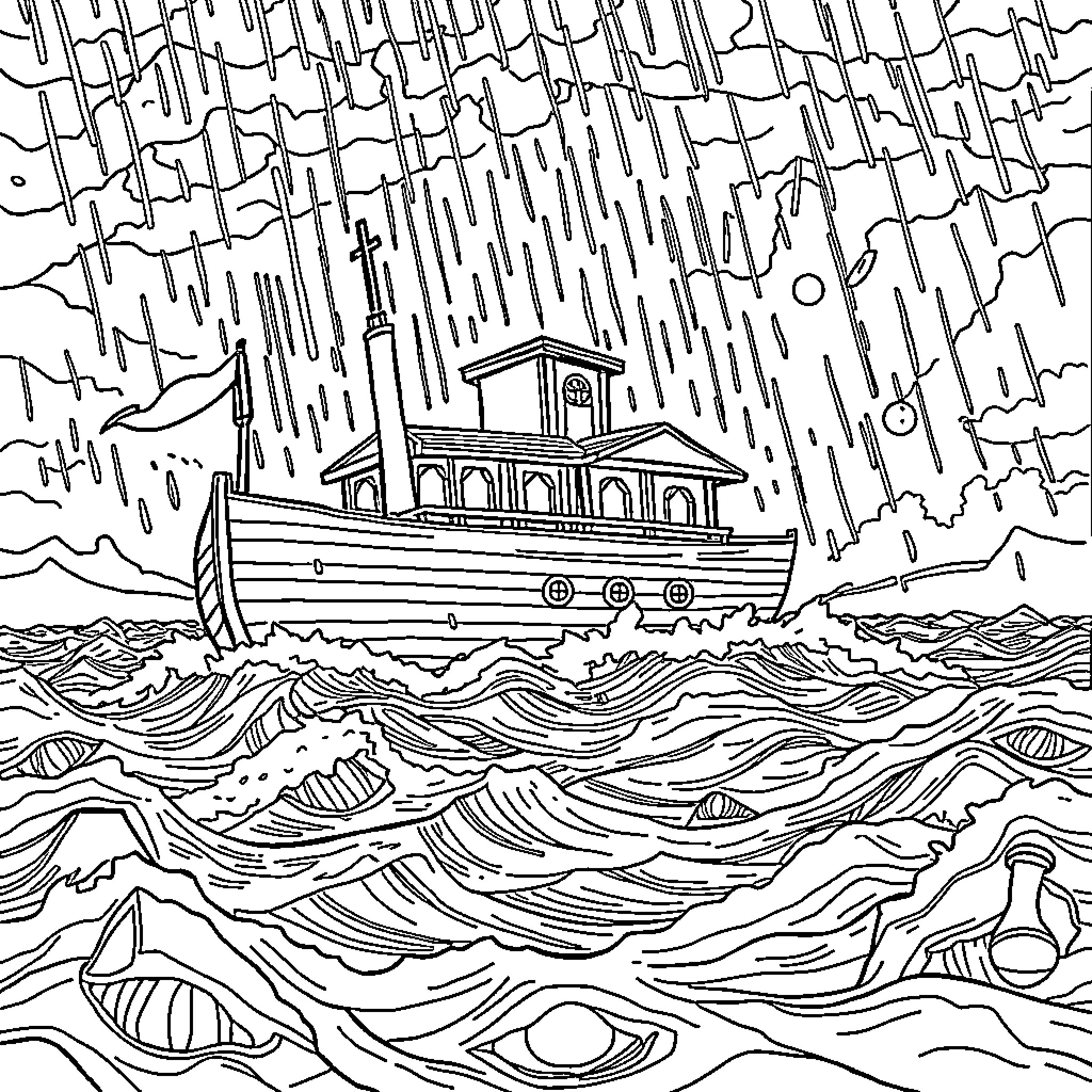Noah's Ark Sailing Through Stormy Seas Coloring Page (free black-and-white line drawing printable PDF for all, from beginners to advanced learners, including children, teens, adults, and seniors)