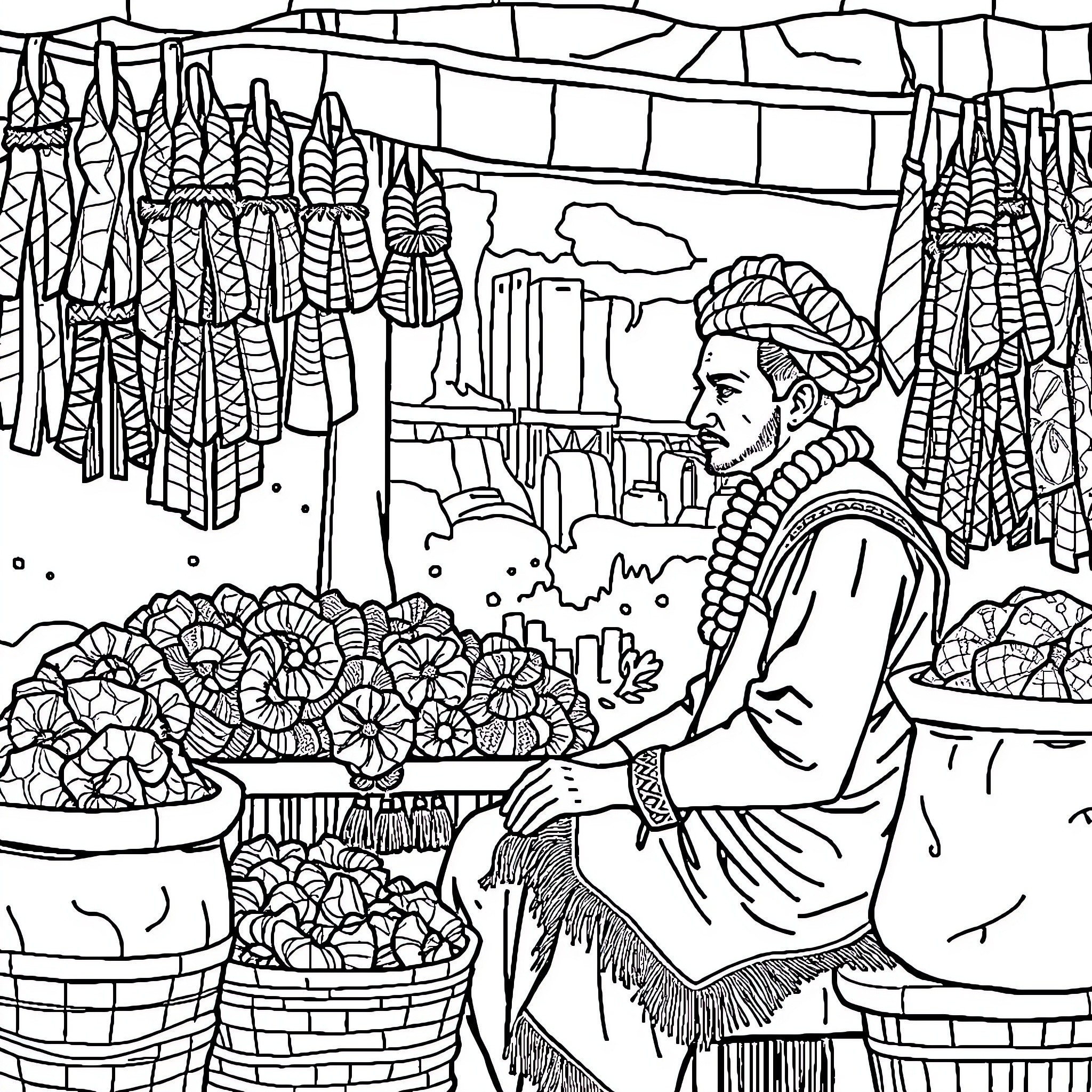 Man selling produce at a bustling market Coloring Page (free black-and-white line drawing printable PDF for all, from beginners to advanced learners, including children, teens, adults, and seniors)