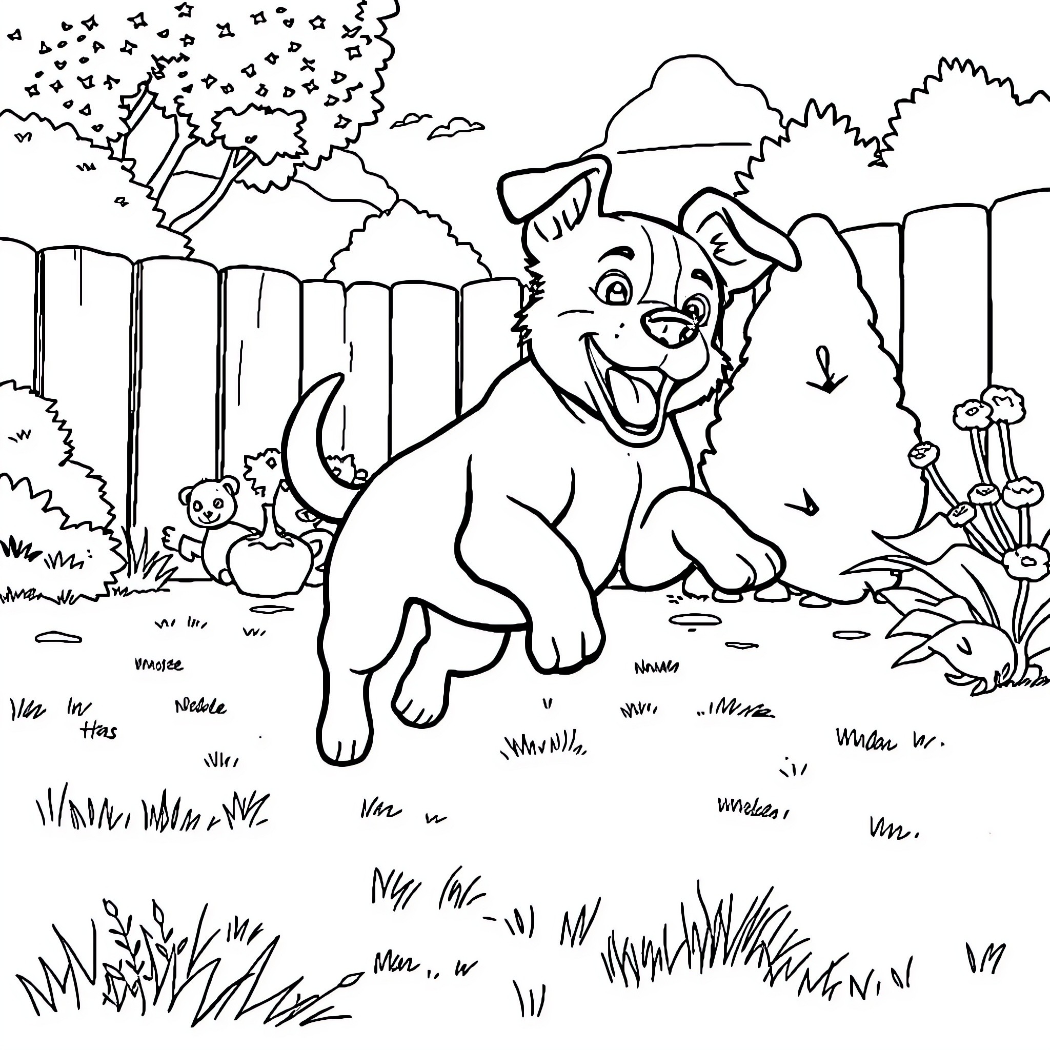 Puppy exploring the outdoor scene Coloring Page (free black-and-white line drawing printable PDF for all, from beginners to advanced learners, including children, teens, adults, and seniors)