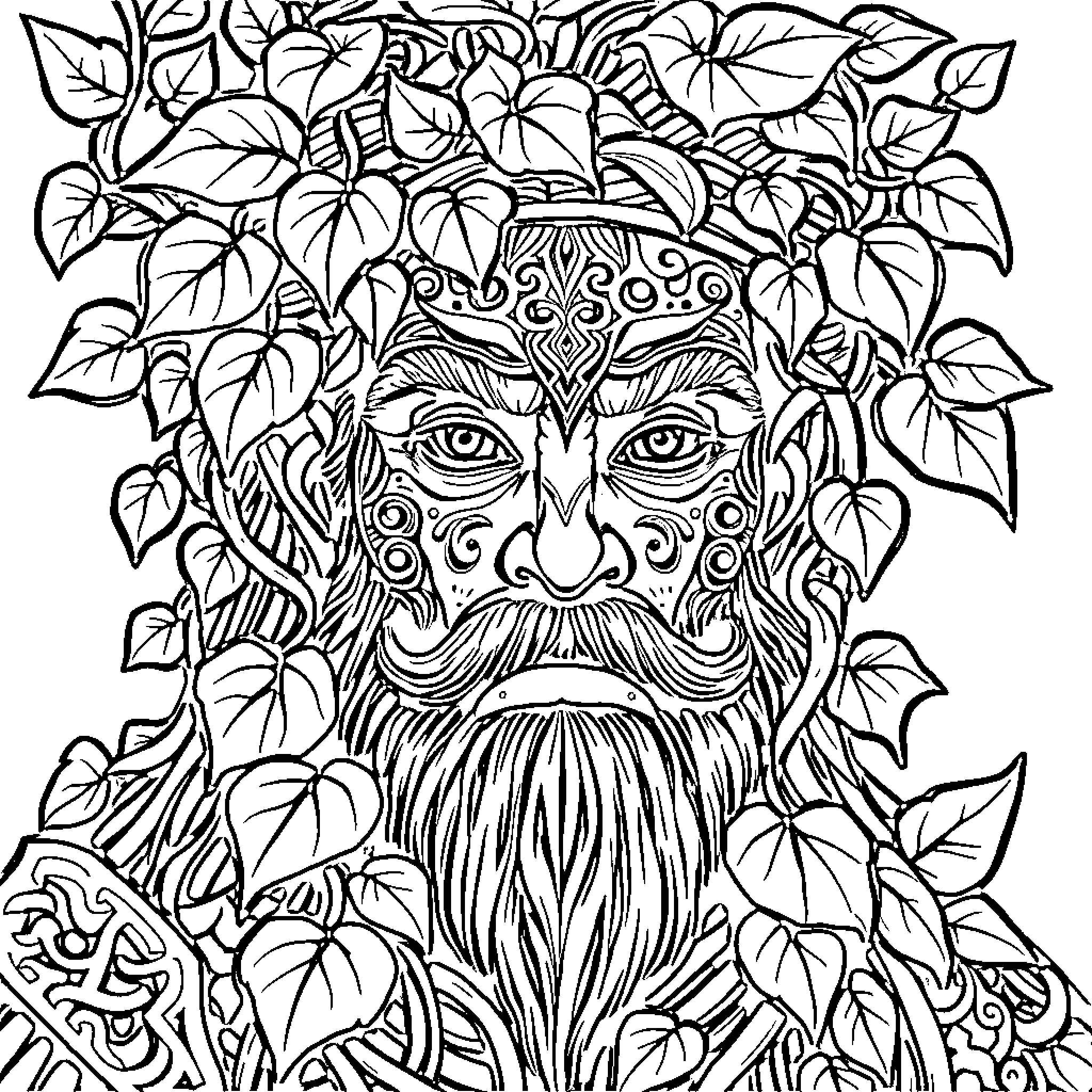 Greenman surrounded by intricate foliage Coloring Page (free black-and-white line drawing printable PDF for all, from beginners to advanced learners, including children, teens, adults, and seniors)