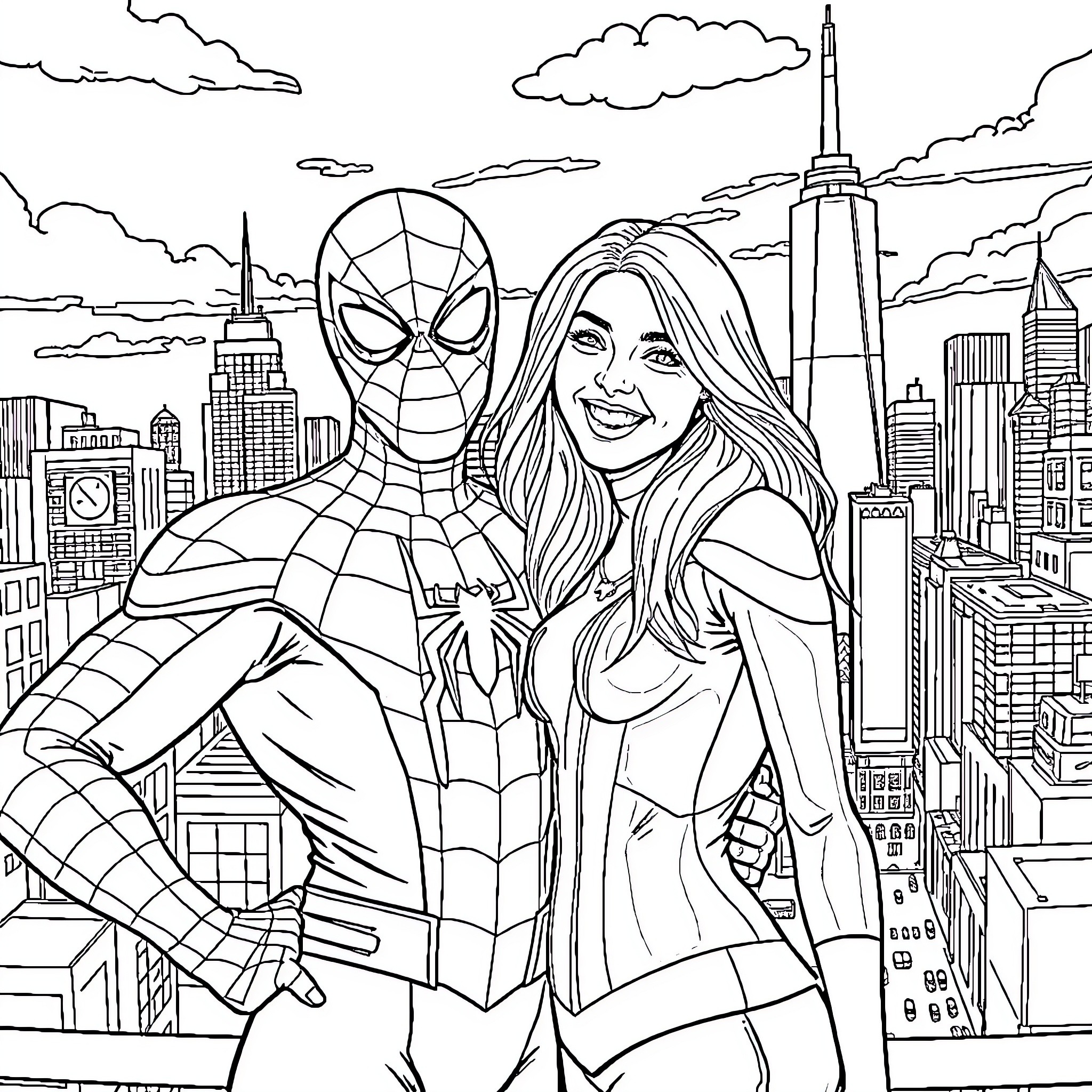 Spiderman and a woman exploring the city skyline Coloring Page (free black-and-white line drawing printable PDF for all, from beginners to advanced learners, including children, teens, adults, and seniors)
