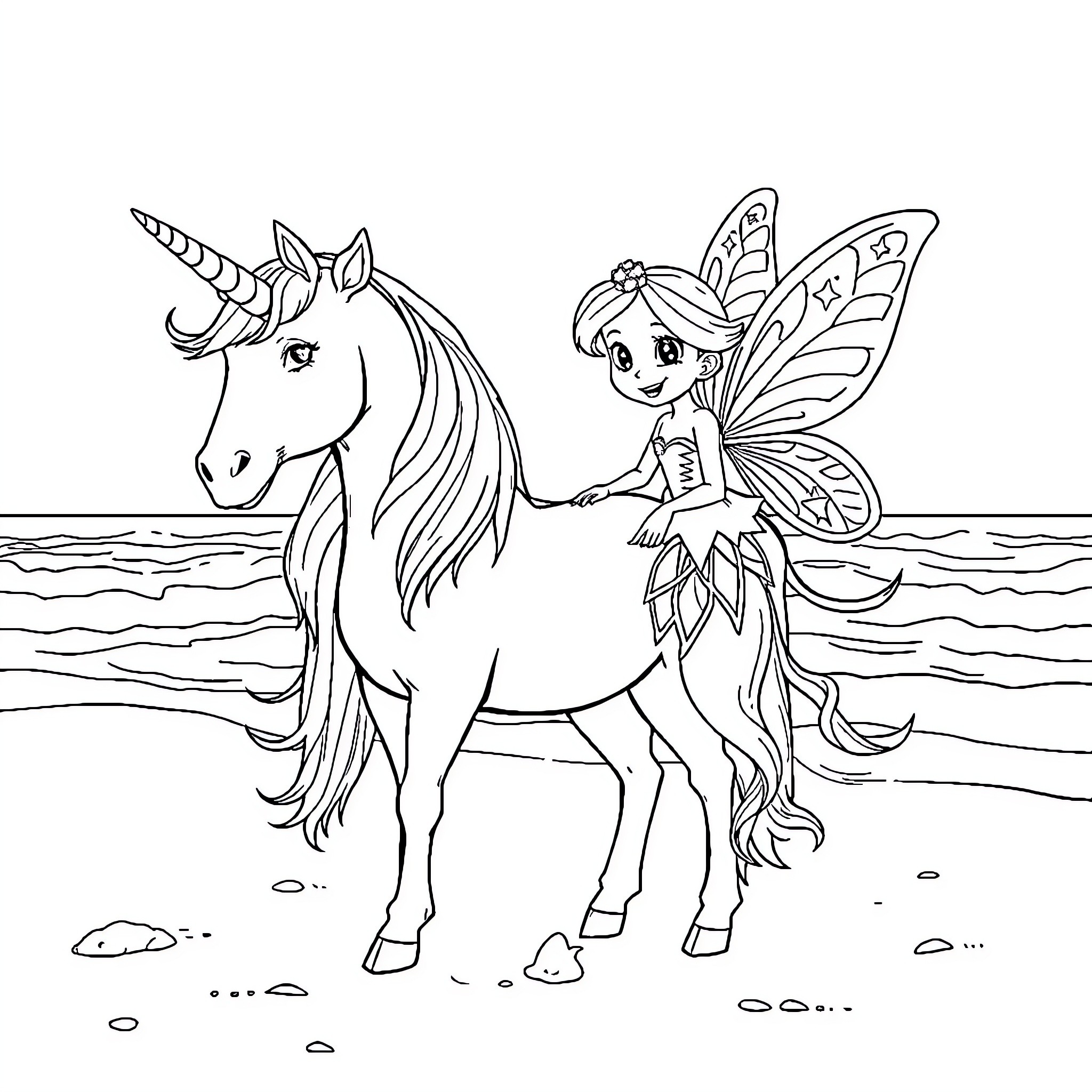 Unicorn and fairy enjoying the beach Coloring Page (free black-and-white line drawing printable PDF for all, from beginners to advanced learners, including children, teens, adults, and seniors)