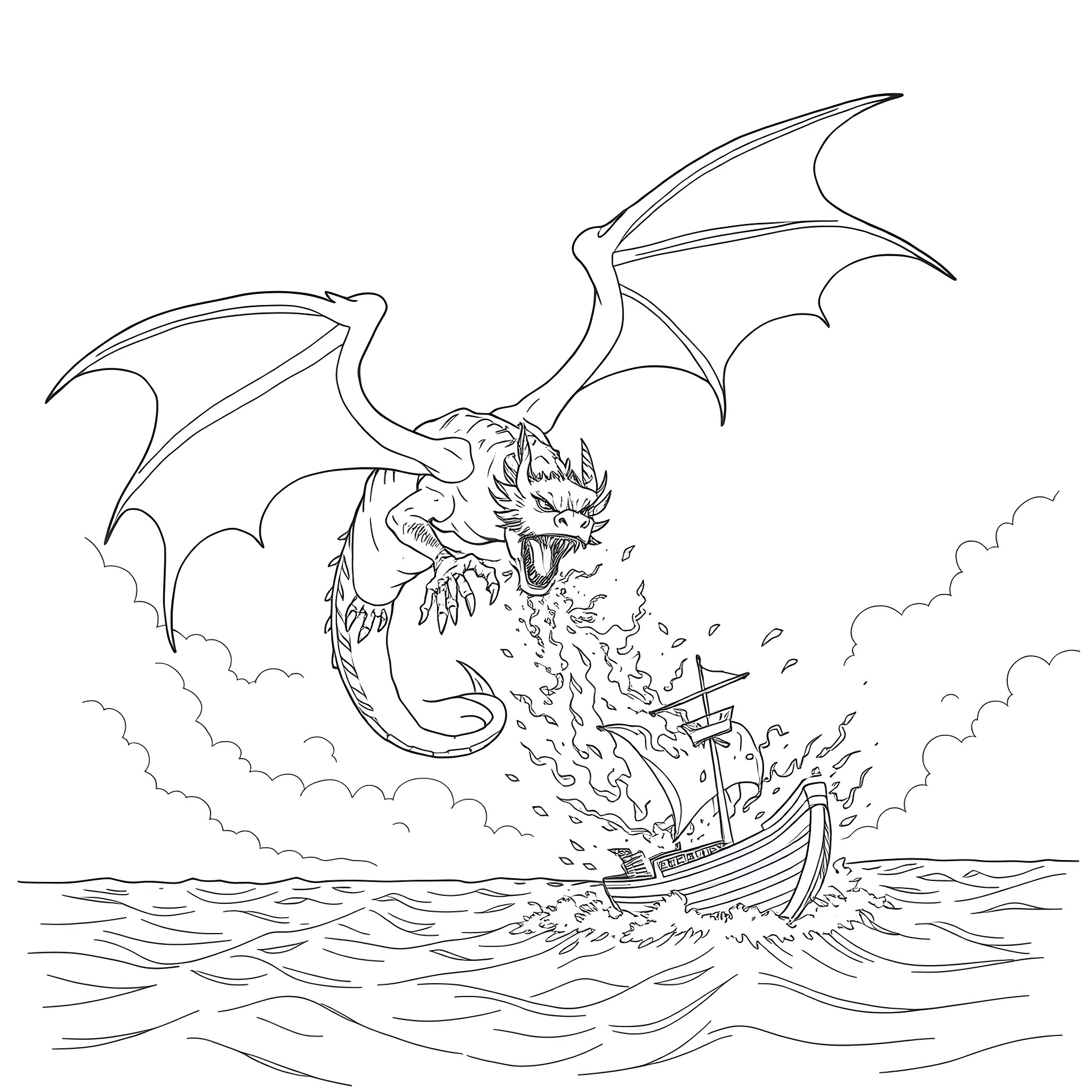 Dragon attacking a ship on the high seas Coloring Page (free black-and-white line drawing printable PDF for all, from beginners to advanced learners, including children, teens, adults, and seniors)