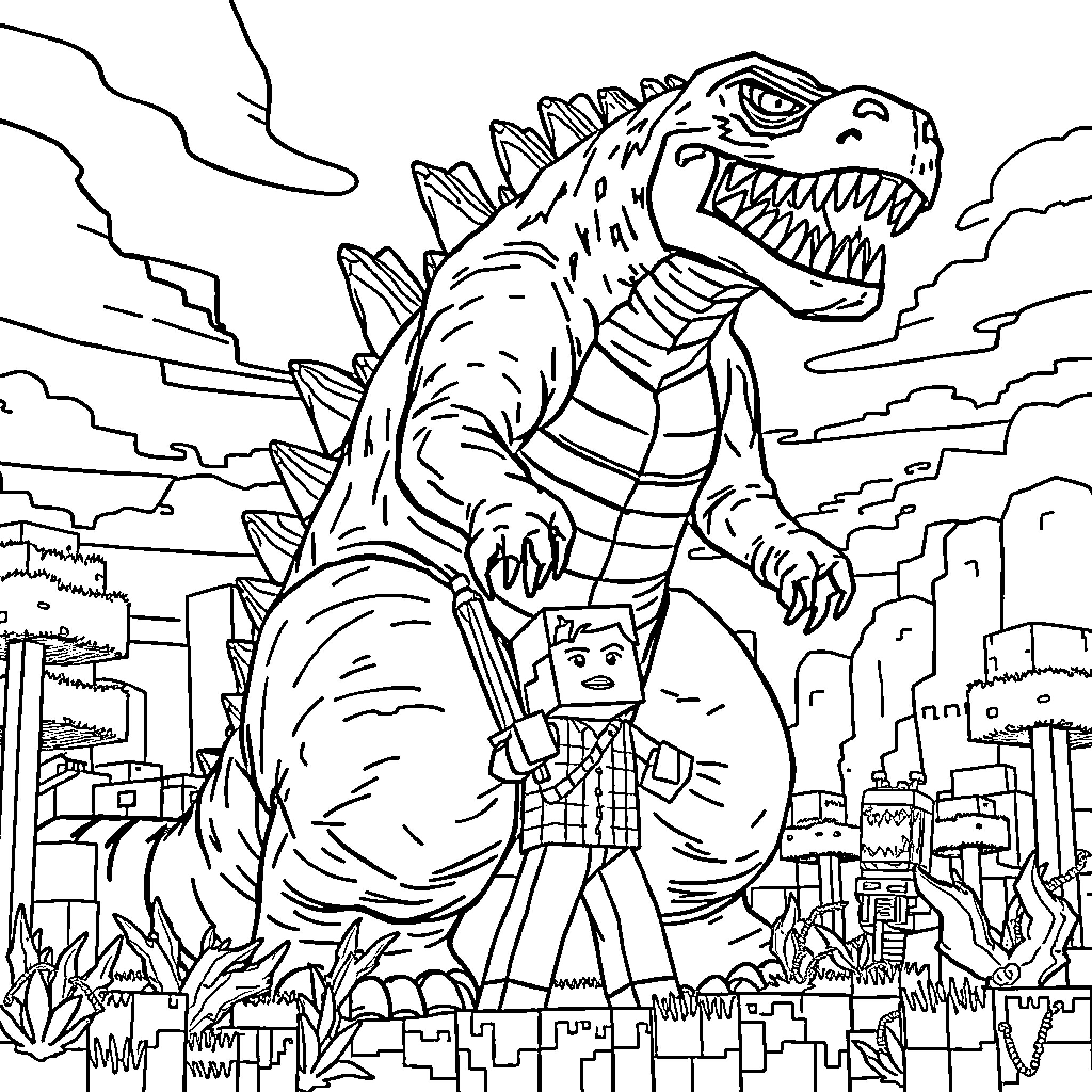 Godzilla stomping through the city Coloring Page (free black-and-white line drawing printable PDF for all, from beginners to advanced learners, including children, teens, adults, and seniors)