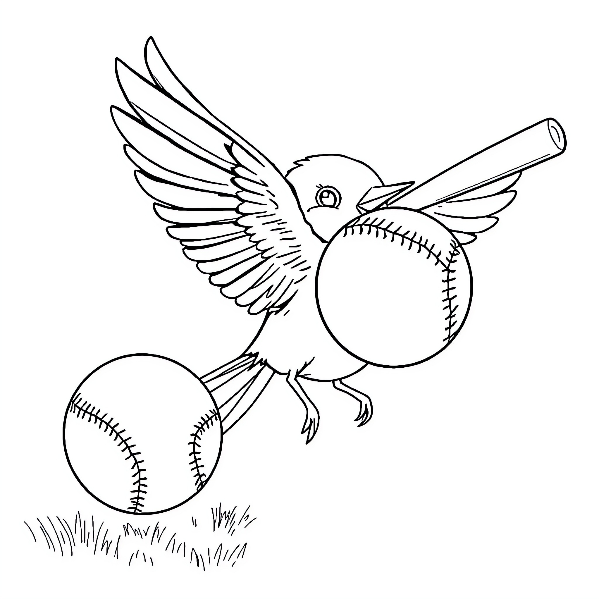 Bird carrying baseball in its beak Coloring Page (free black-and-white line drawing printable PDF for all, from beginners to advanced learners, including children, teens, adults, and seniors)