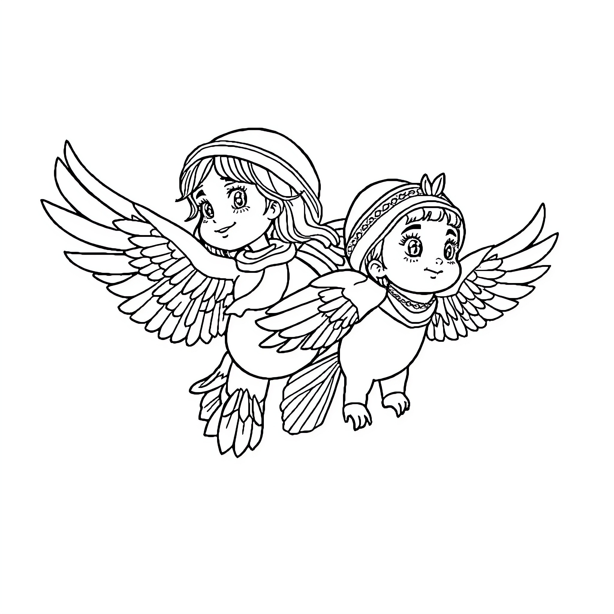 Child angels soaring with wings Coloring Page (free black-and-white line drawing printable PDF for all, from beginners to advanced learners, including children, teens, adults, and seniors)