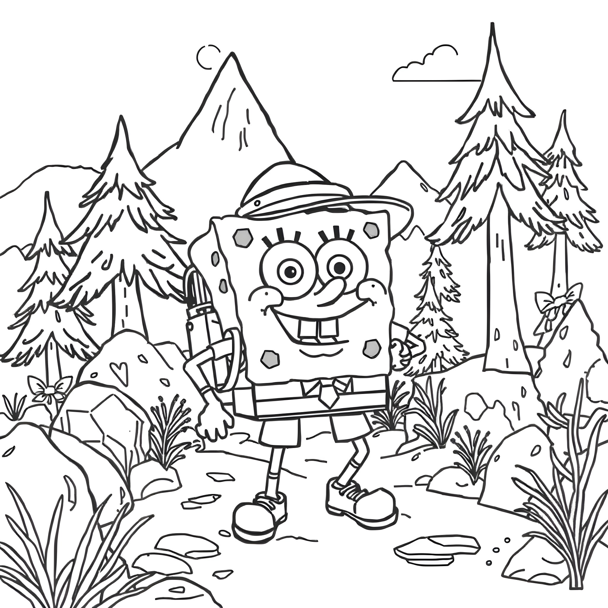 Spongebob exploring the forest adventure Coloring Page (free black-and-white line drawing printable PDF for all, from beginners to advanced learners, including children, teens, adults, and seniors)