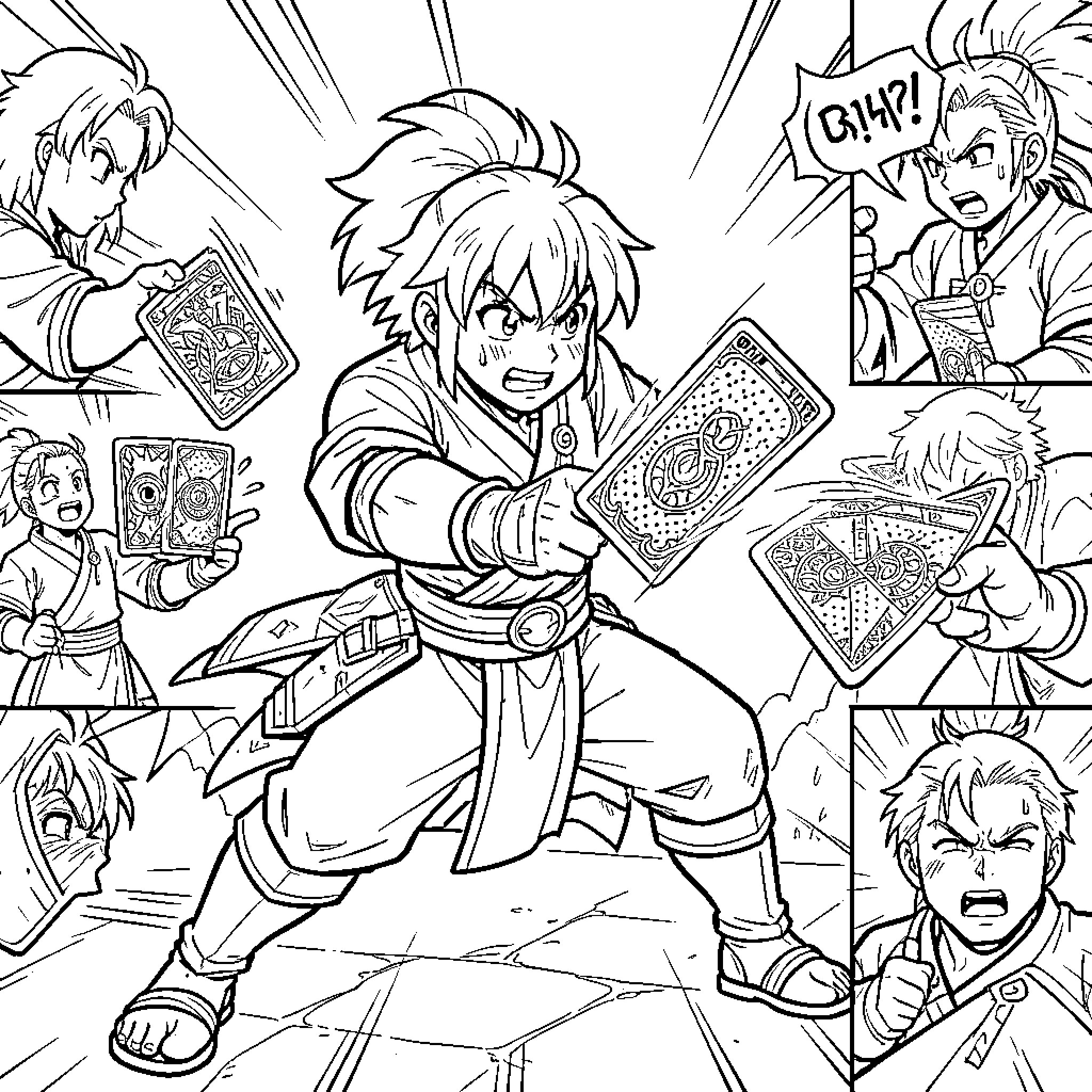 Yu-Gi-Oh characters engaging in an intense card battle Coloring Page (free black-and-white line drawing printable PDF for all, from beginners to advanced learners, including children, teens, adults, and seniors)