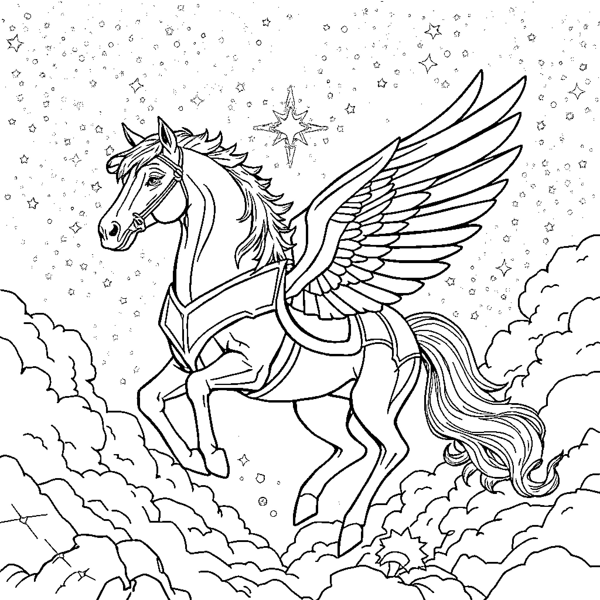 Pegasus soaring through the starry night sky Coloring Page (free black-and-white line drawing printable PDF for all, from beginners to advanced learners, including children, teens, adults, and seniors)